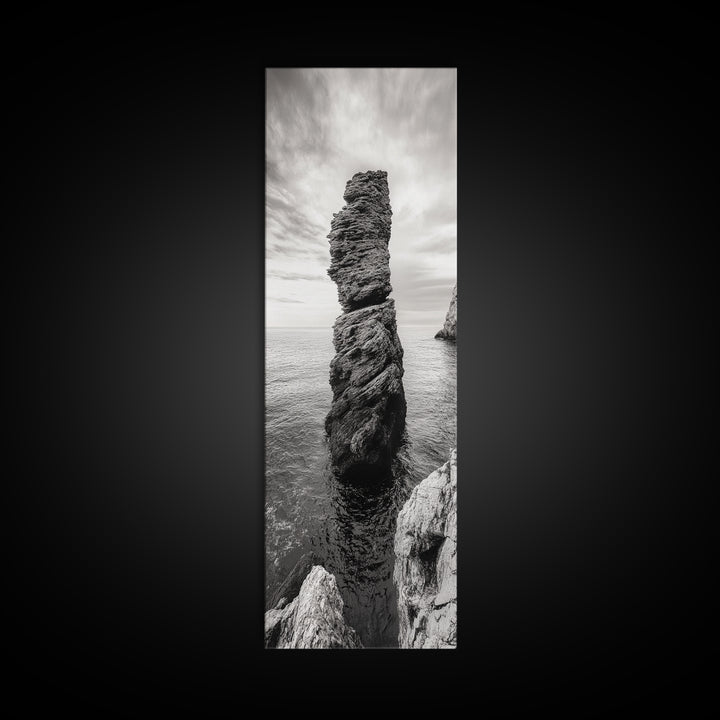Coastal Rock, Ocean Tower, Nature Photography, Framed Canvas Print, Minimalist Wall Decor, Living Room Wall Art, Black and White Seascape