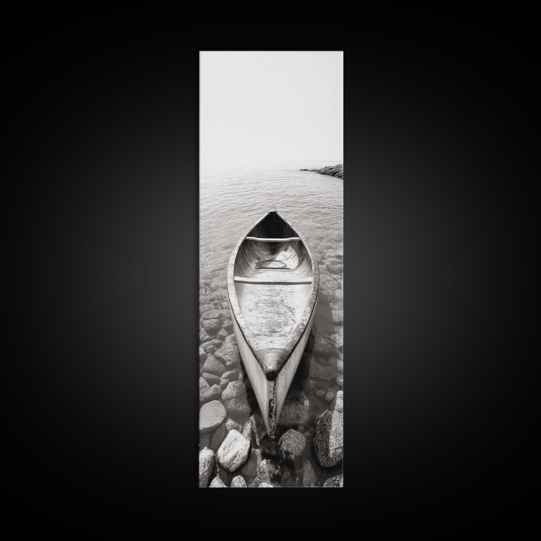 Rowboat Stillness, Peaceful Waters, Lake Canoe, Canvas Print, Entryway Wall Art, Minimalist Home Decor, Black and White Photography
