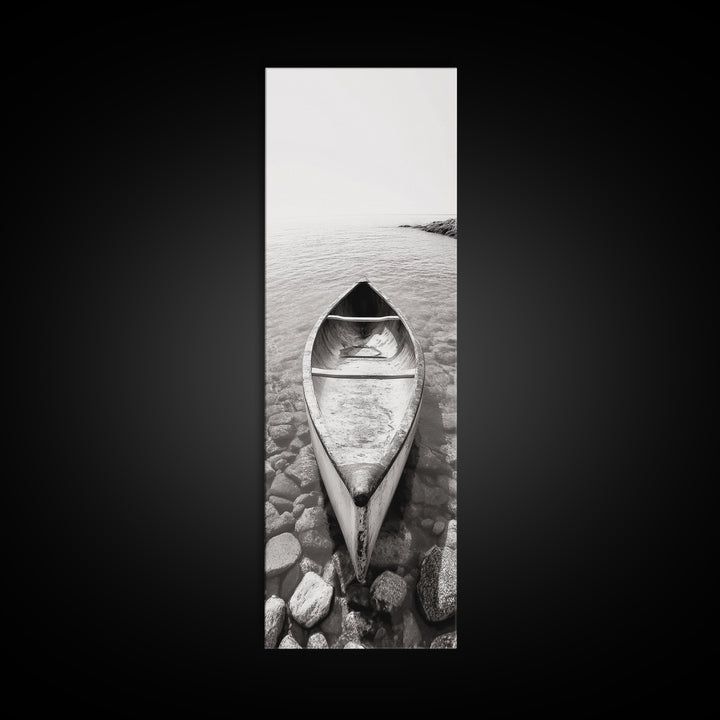 Rowboat Stillness, Peaceful Waters, Lake Canoe, Canvas Print, Entryway Wall Art, Minimalist Home Decor, Black and White Photography