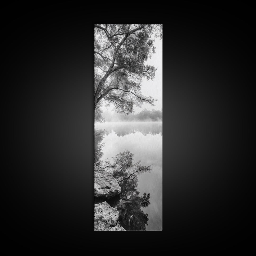 Misty Lake, Tree Reflection, Tranquil Morning, Framed Canvas Print, Bedroom Wall Art, Serene Nature Photography, Minimalist Art Style