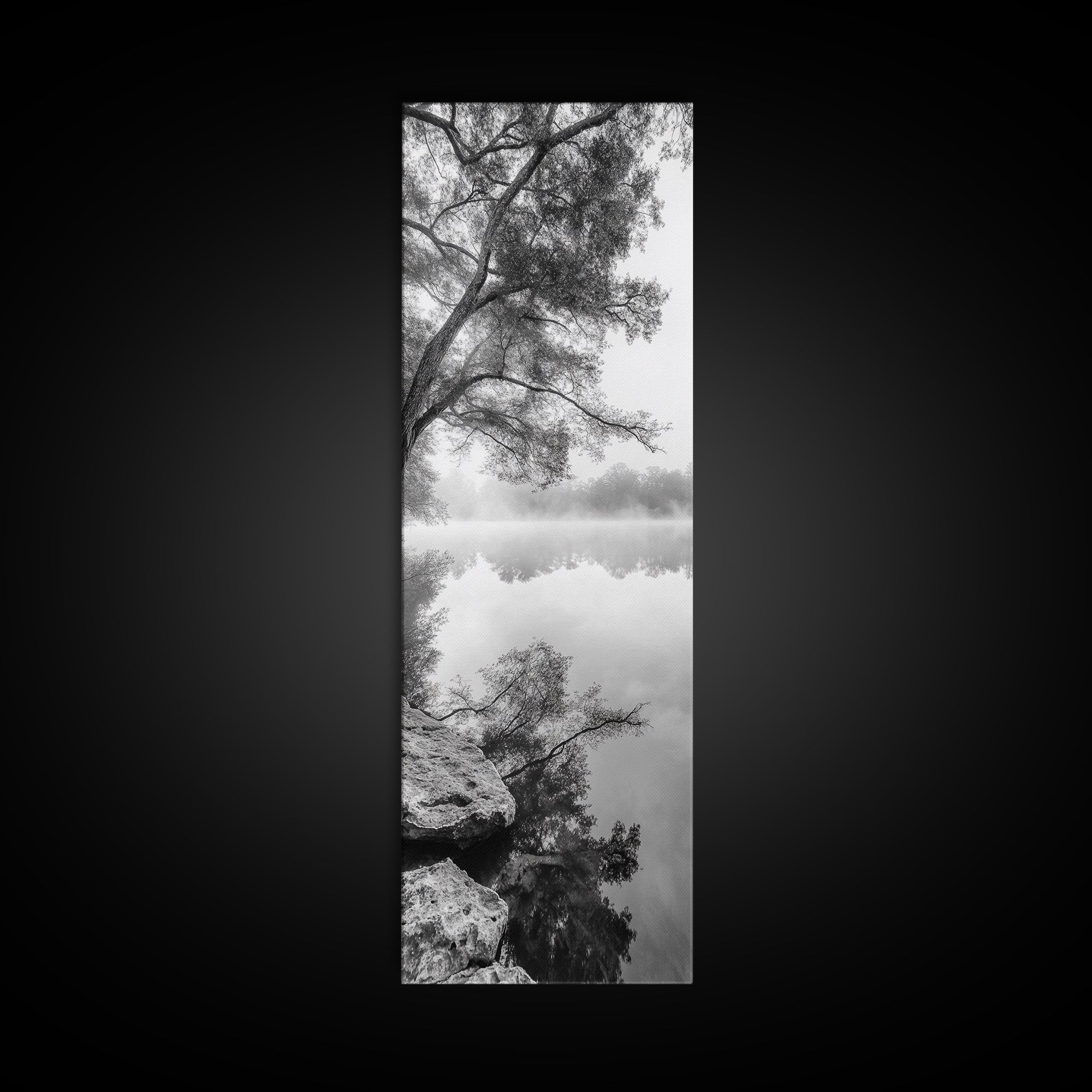 Misty Lake, Tree Reflection, Tranquil Morning, Framed Canvas Print, Bedroom Wall Art, Serene Nature Photography, Minimalist Art Style