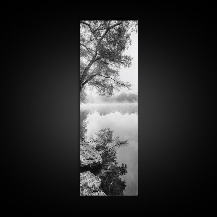 Misty Lake, Tree Reflection, Tranquil Morning, Framed Canvas Print, Bedroom Wall Art, Serene Nature Photography, Minimalist Art Style