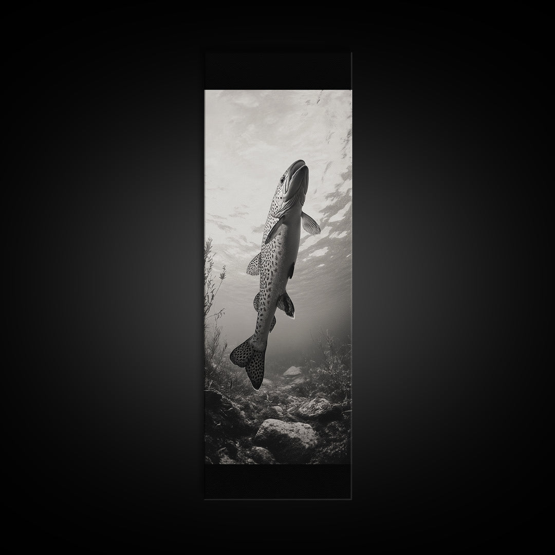 Rising Trout, Underwater Fish, Nature Close-Up, Canvas Print, Cabin Wall Art, Rustic Decor, Fishing Lover Gift, Black and White Art