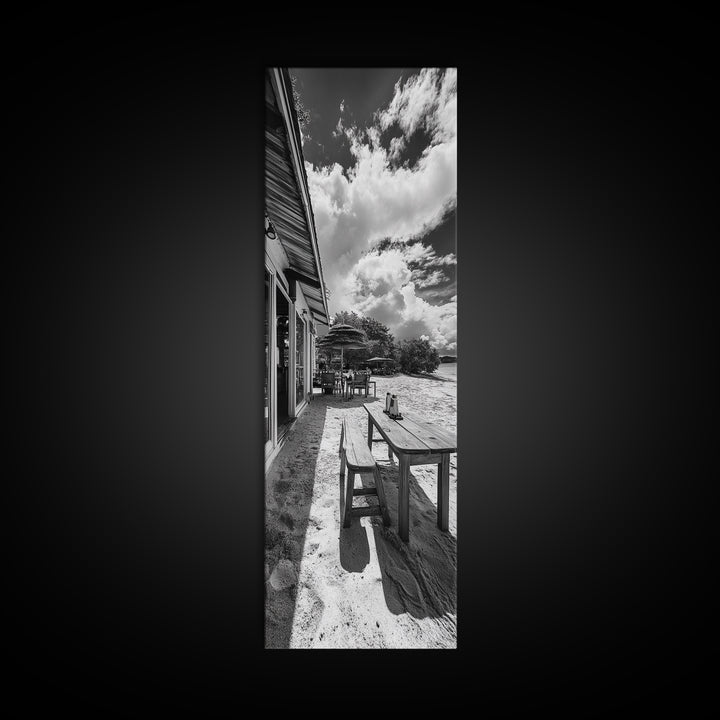 Beach Café Table, Seaside Dining, Rustic Seating, Tropical Getaway, Framed Canvas Print, Kitchen Wall Art, Coastal Rustic Aesthetic