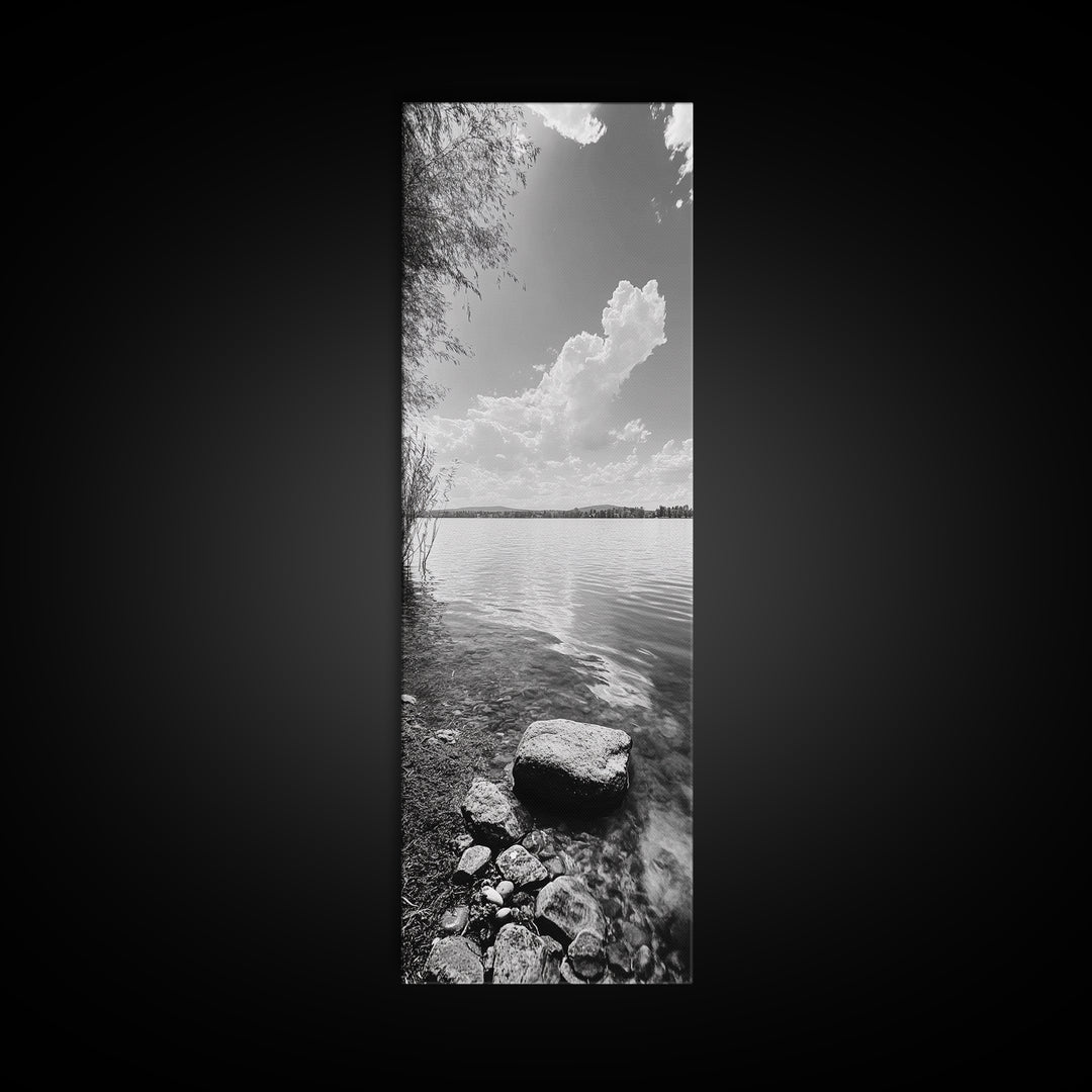 Peaceful Lake, Cloud Reflection, Shoreline Stones, Framed Canvas Print, Guest Room Wall Art, Nature Inspired Decor, Minimalist Landscape