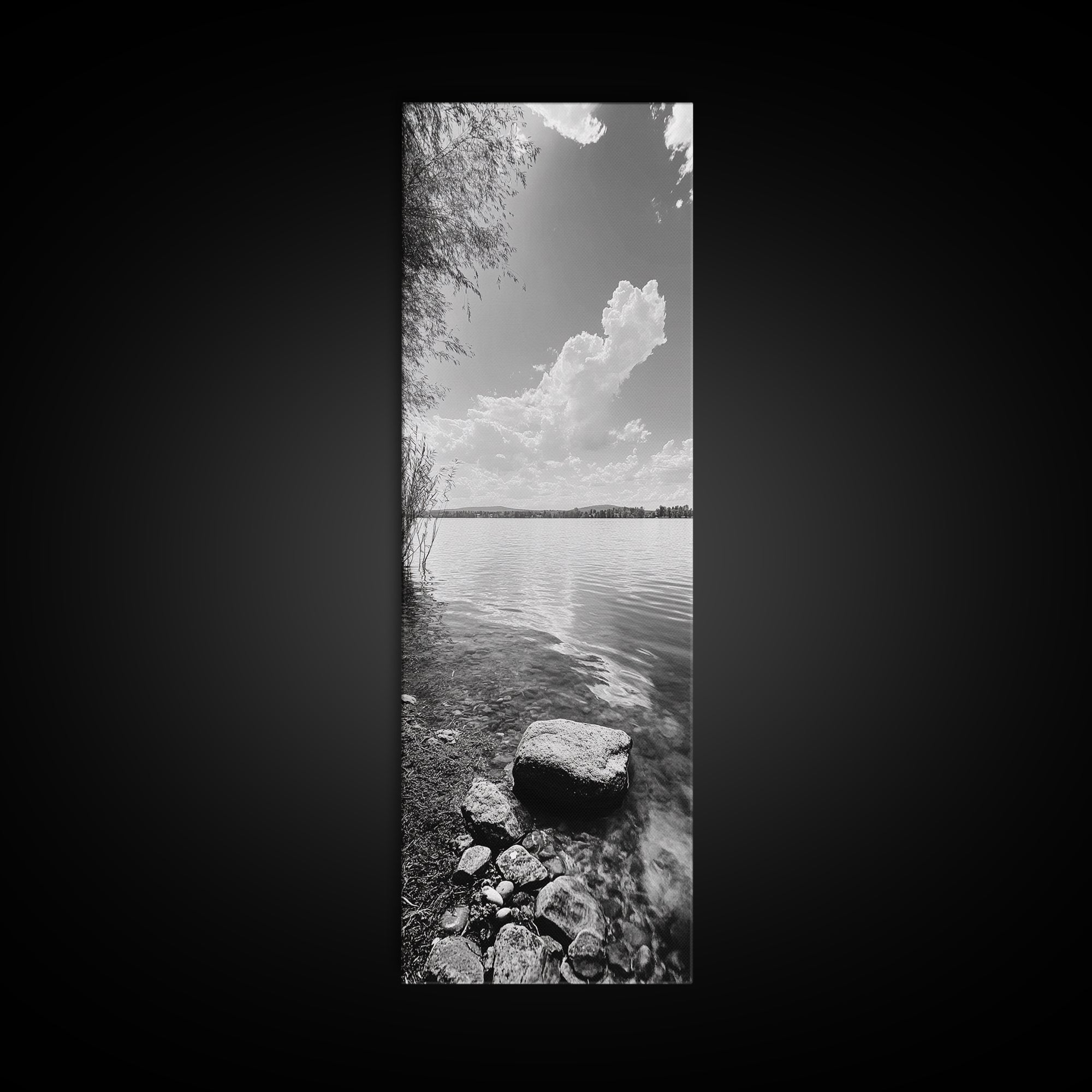 Peaceful Lake, Cloud Reflection, Shoreline Stones, Framed Canvas Print, Guest Room Wall Art, Nature Inspired Decor, Minimalist Landscape