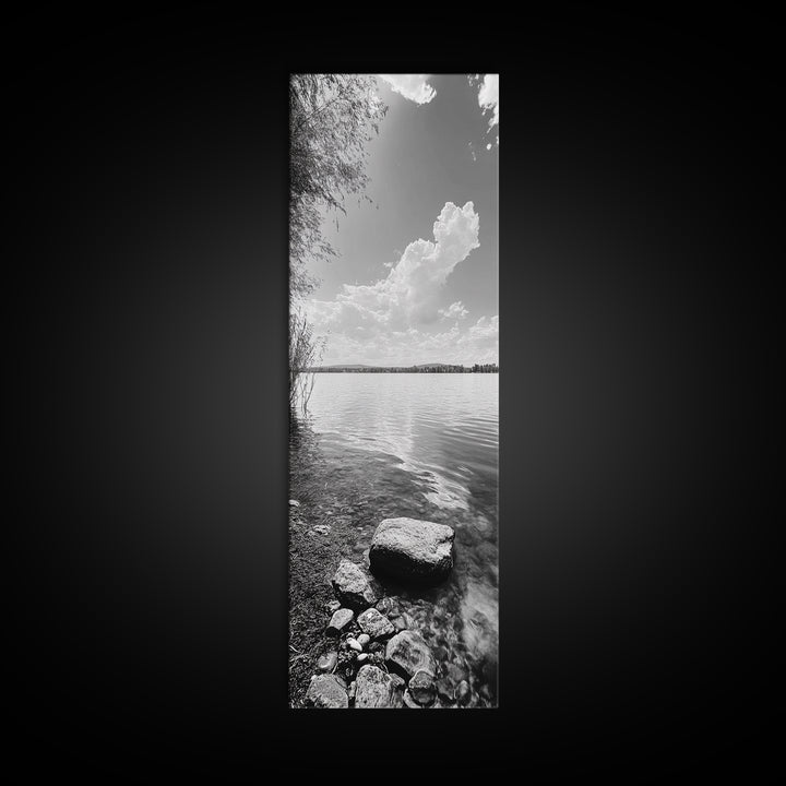 Peaceful Lake, Cloud Reflection, Shoreline Stones, Framed Canvas Print, Guest Room Wall Art, Nature Inspired Decor, Minimalist Landscape