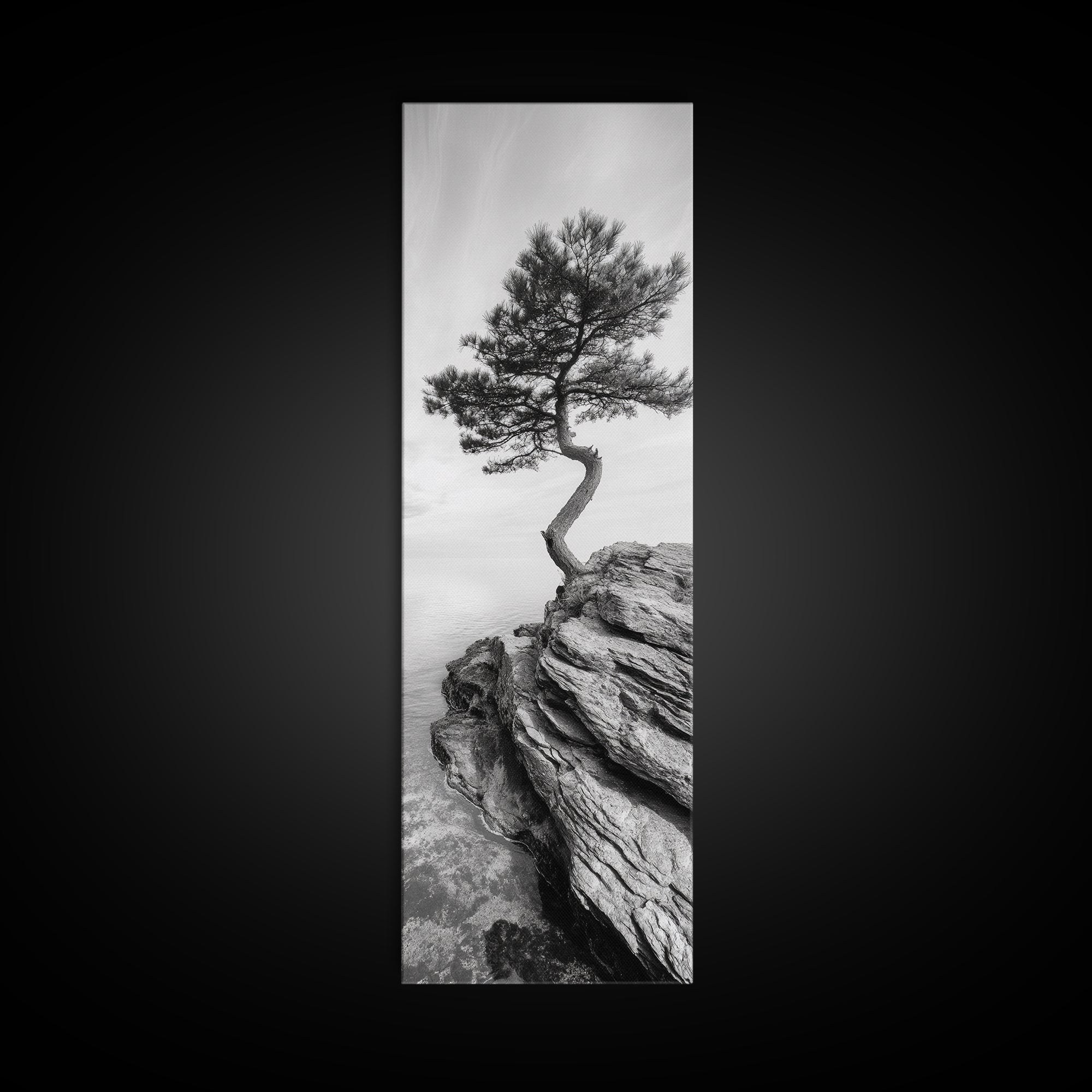 Lone Pine Tree, Minimal Nature, Tranquil Cliff Scene, Zen Forest Print, Framed Canvas Print, Japandi Wall Art, Entryway Tree Print, Nature Minimalism
