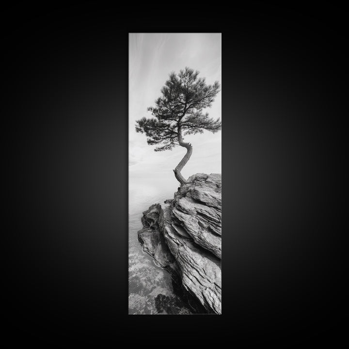 Lone Pine Tree, Minimal Nature, Tranquil Cliff Scene, Zen Forest Print, Framed Canvas Print, Japandi Wall Art, Entryway Tree Print, Nature Minimalism