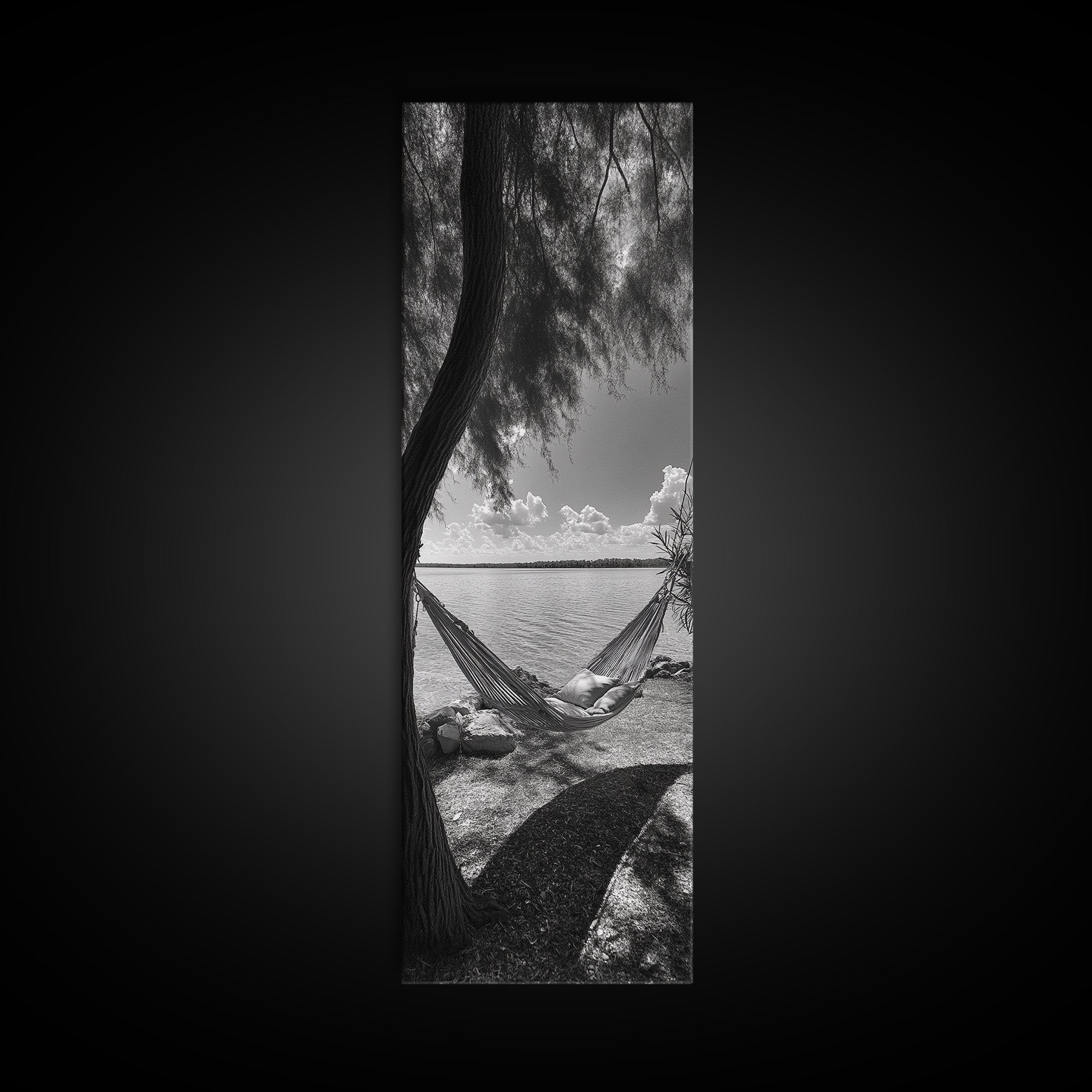 Hammock Dreams, Coastal Rest, Lakeside Retreat, Chill Vibes, Framed Canvas Print, Boho Wall Art, Serene Bedroom Art, Relaxation Inspired Decor