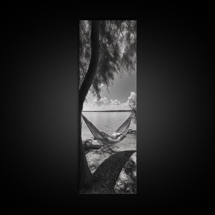 Hammock Dreams, Coastal Rest, Lakeside Retreat, Chill Vibes, Framed Canvas Print, Boho Wall Art, Serene Bedroom Art, Relaxation Inspired Decor