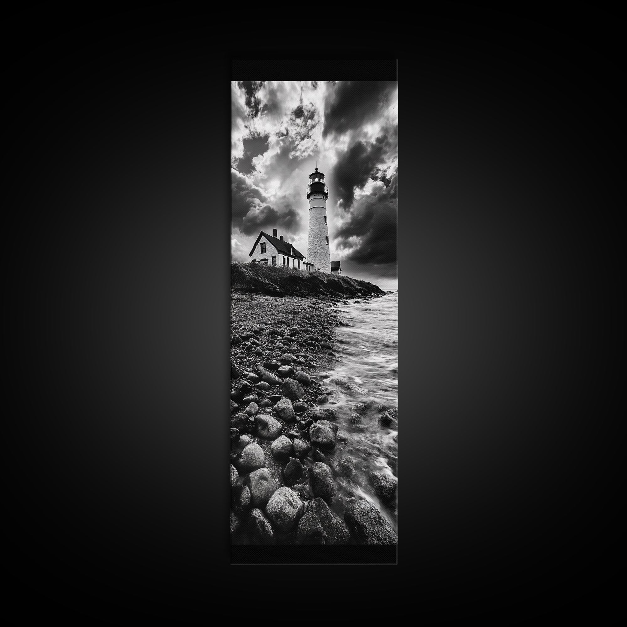 Lighthouse Drama, Coastal Storm, Rocky Shoreline Scene, Moody Ocean Sky, Framed Canvas Print, Nautical Living Room Wall Art, Black White Art