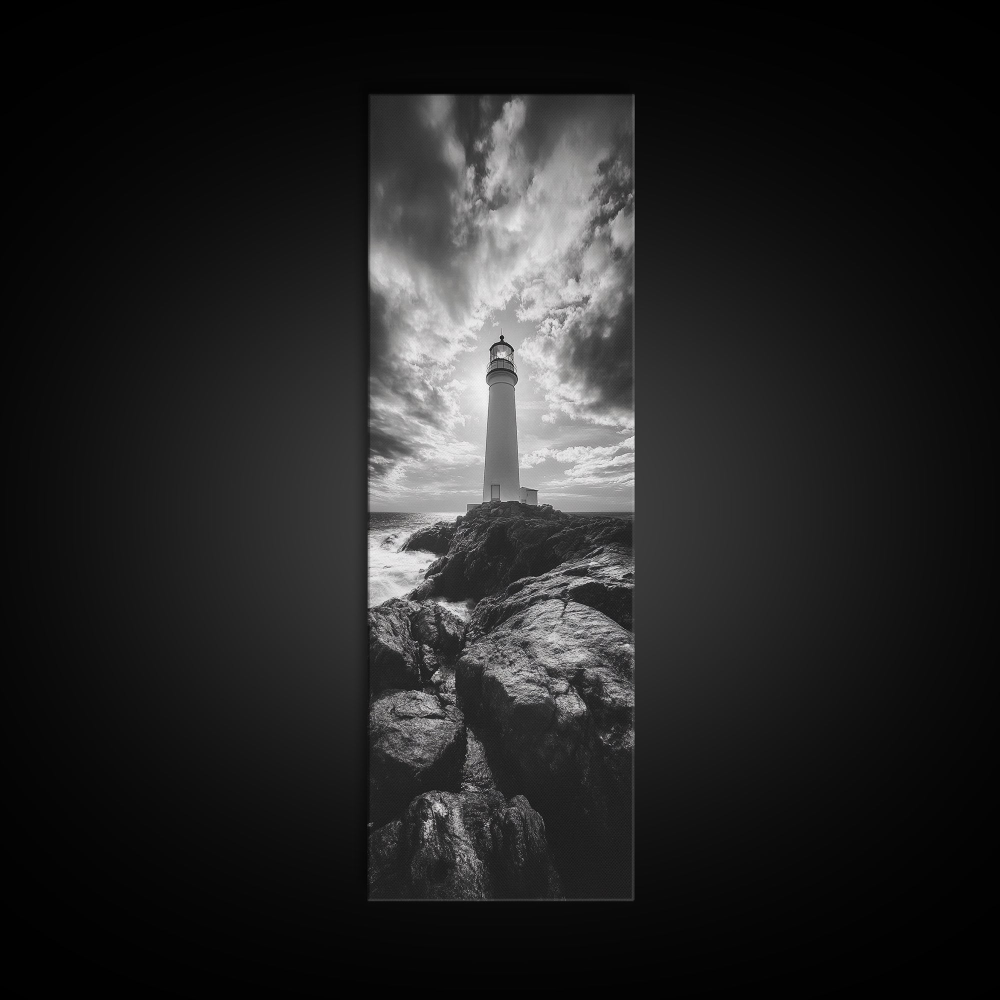 Coastal Beacon, Nautical Light, Ocean Landscape, Sunset Sky, Lighthouse Photography Framed Canvas Print, Living Room Nautical Wall Art