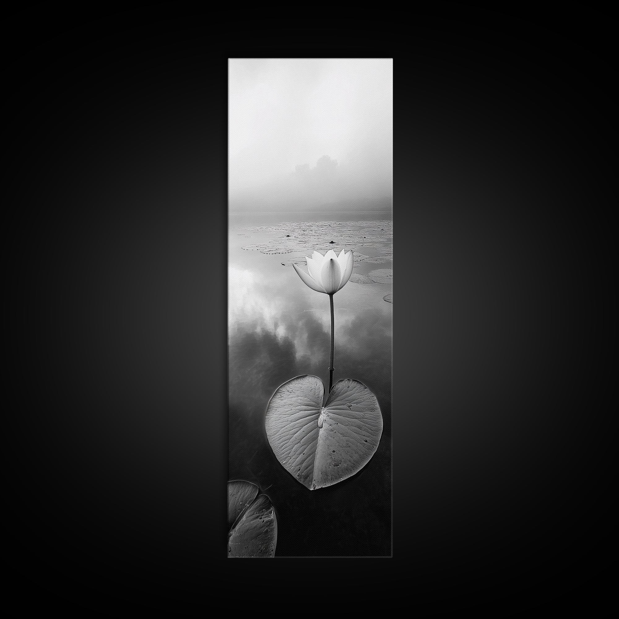 Minimalist Lotus, Zen Flower, Misty Pond, Tranquil Nature, Monochrome Botanical Framed Canvas Print, Bedroom Meditation Wall Decor