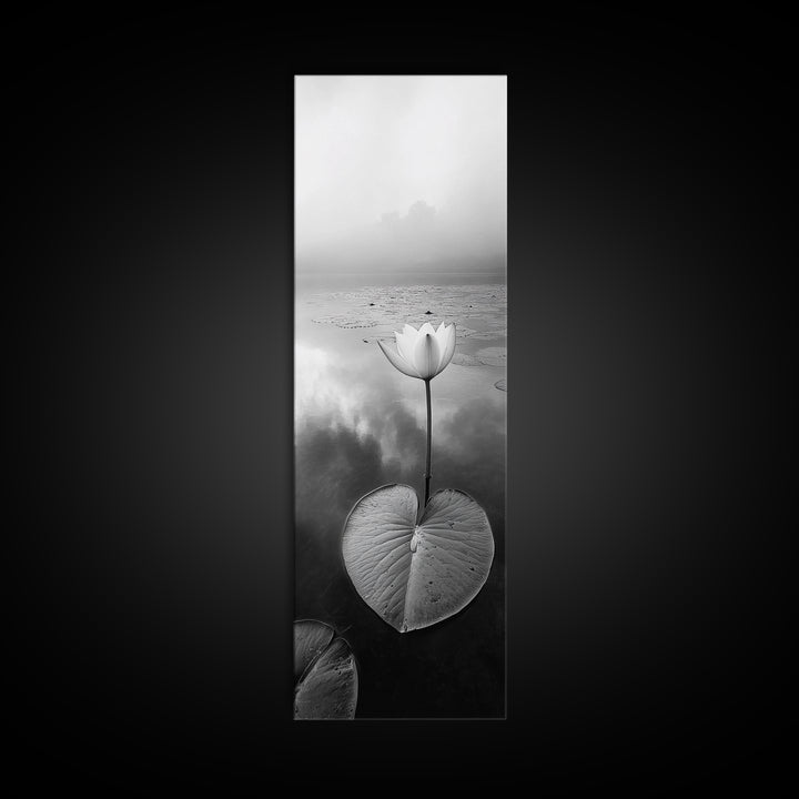 Minimalist Lotus, Zen Flower, Misty Pond, Tranquil Nature, Monochrome Botanical Framed Canvas Print, Bedroom Meditation Wall Decor