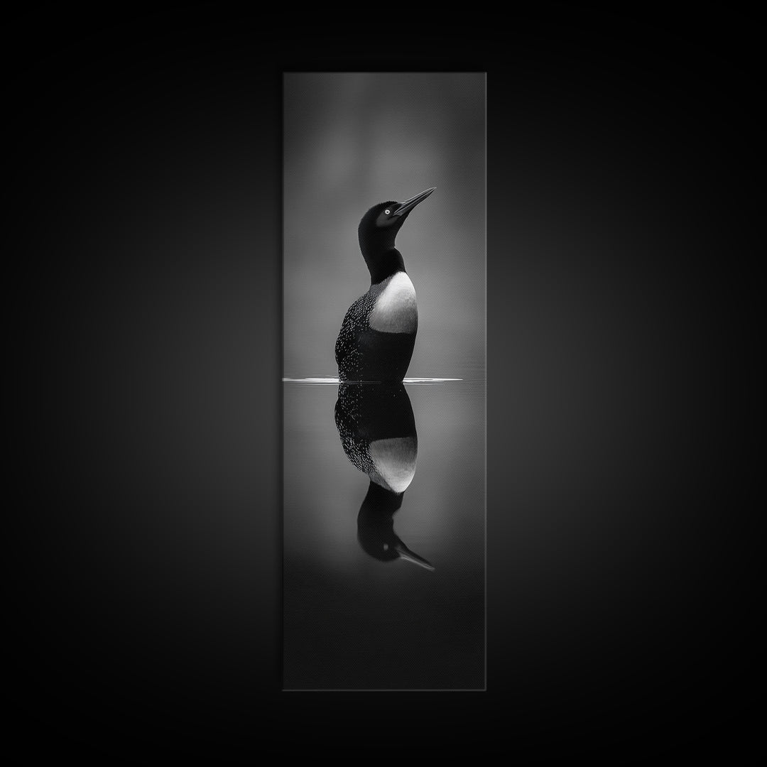 Reflected Loon, Lake Silence, Bird Mirror, Wildlife Art, Moody Black White Framed Canvas Print, Study Nature Wall Decor Minimalist Style
