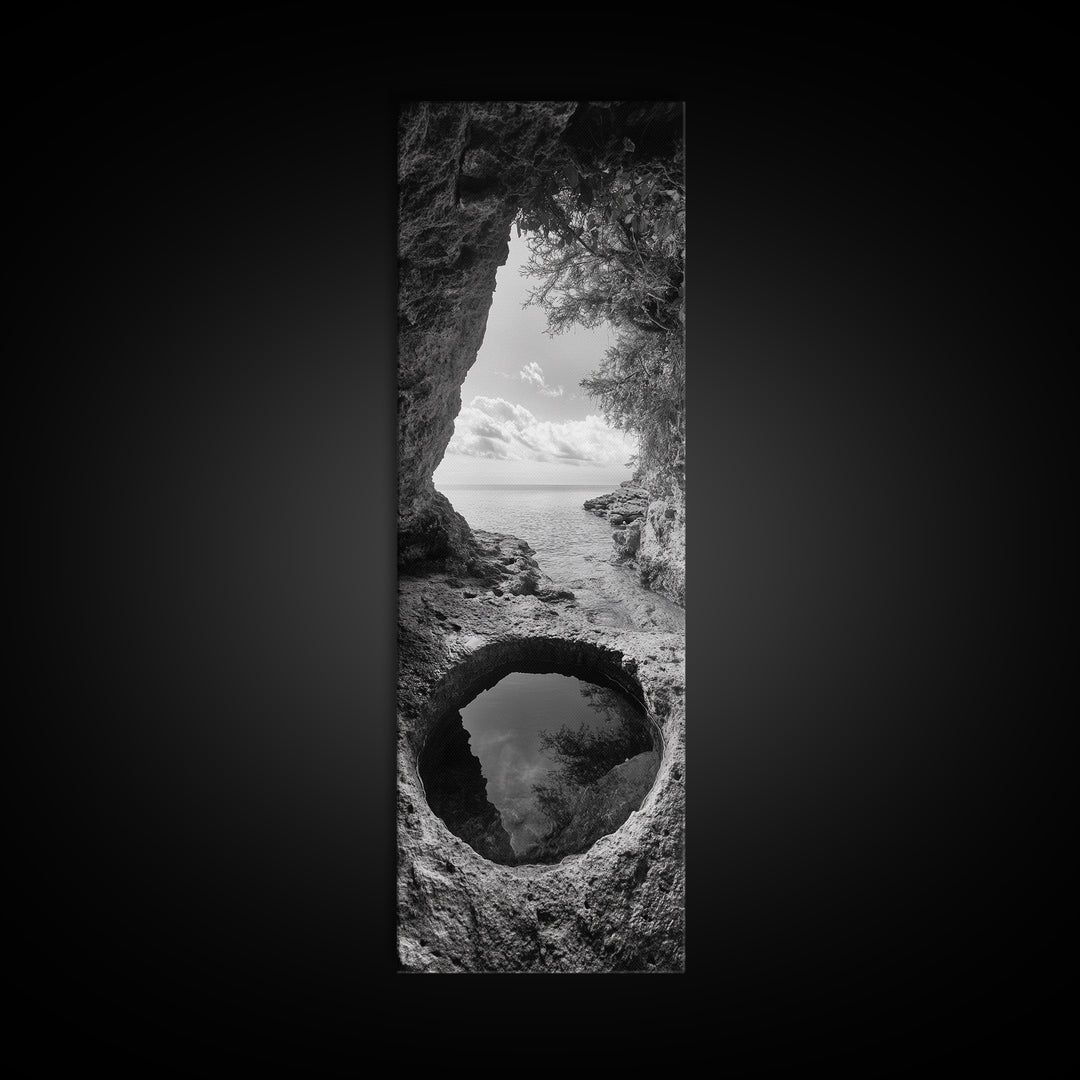 Ocean Cave, Coastal View, Natural Tide Pool, Canvas Print, Bathroom Wall Art, Seaside Decor, Minimalist Landscape, Black and White Art