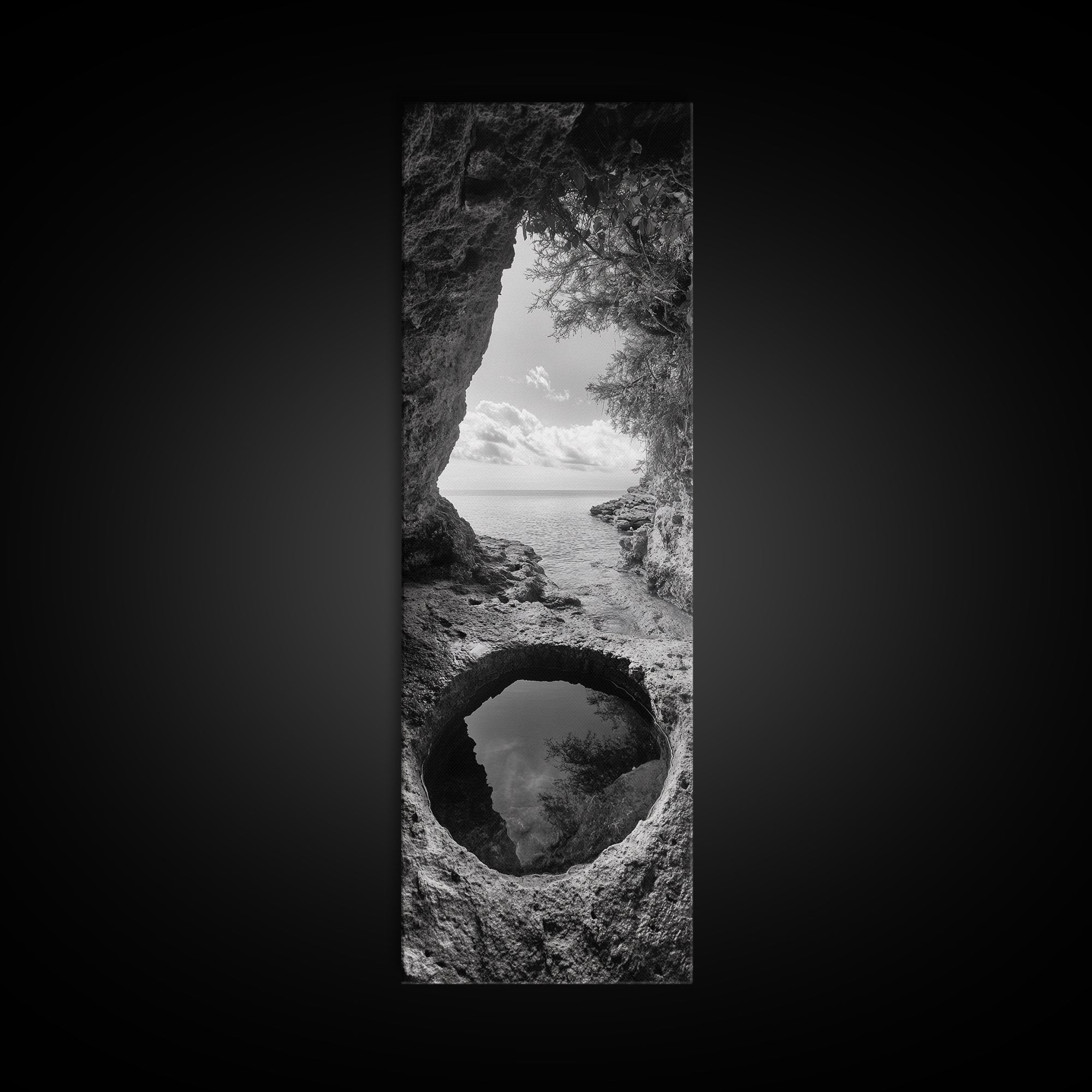 Ocean Cave, Coastal View, Natural Tide Pool, Canvas Print, Bathroom Wall Art, Seaside Decor, Minimalist Landscape, Black and White Art