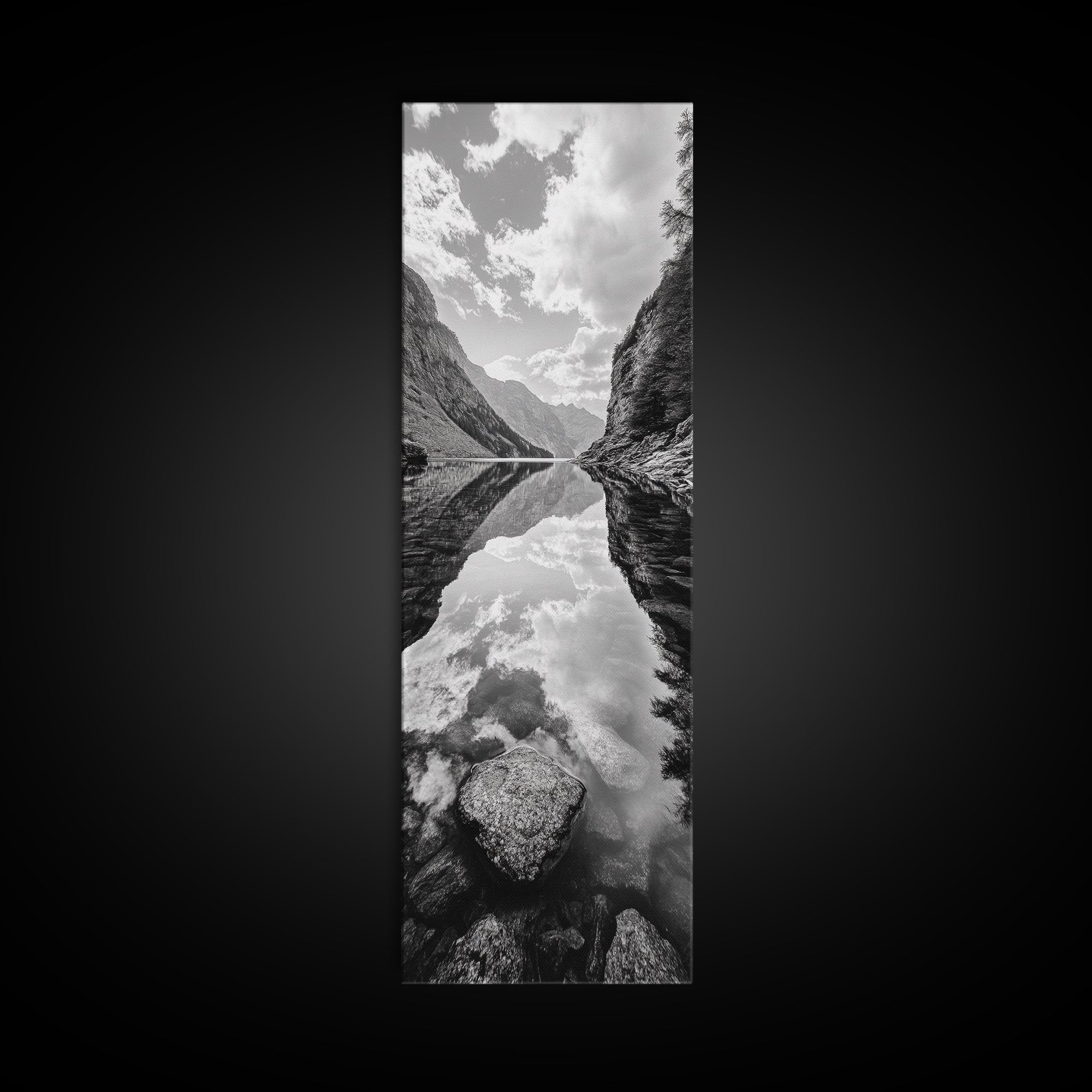 Reflective Lake, Cloud Mirror, Mountain Calm, Canvas Print, Serene Bedroom Wall Art, Nature Tranquility, Scandinavian Landscape Style