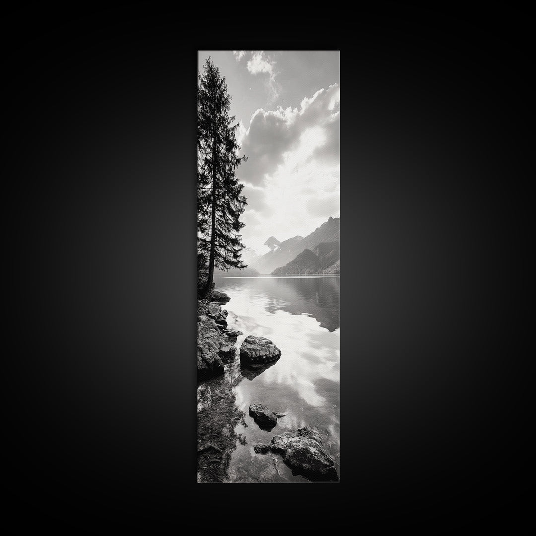 Mountain Lake Peace, Still Water View, Nature Escape, Framed Canvas Print, Living Room Wall Art, Nordic Cabin Decor, Minimal Landscape