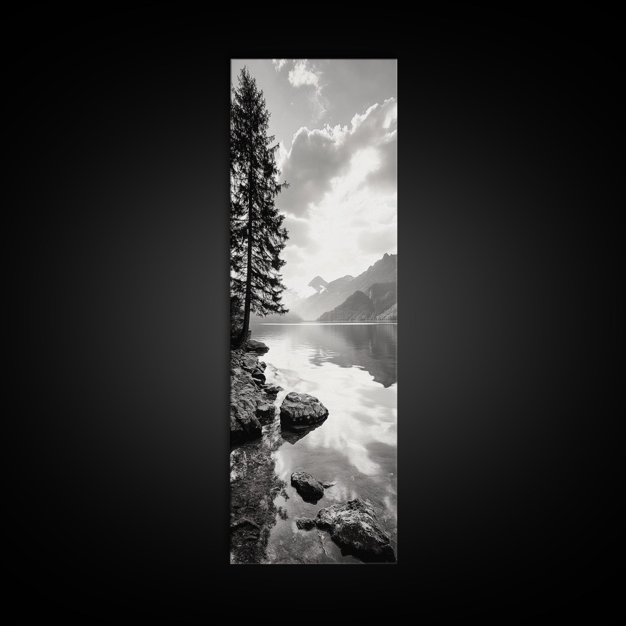 Mountain Lake Peace, Still Water View, Nature Escape, Framed Canvas Print, Living Room Wall Art, Nordic Cabin Decor, Minimal Landscape