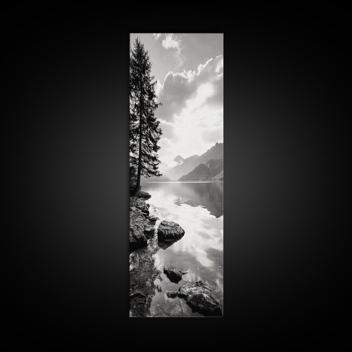 Mountain Lake Peace, Still Water View, Nature Escape, Framed Canvas Print, Living Room Wall Art, Nordic Cabin Decor, Minimal Landscape