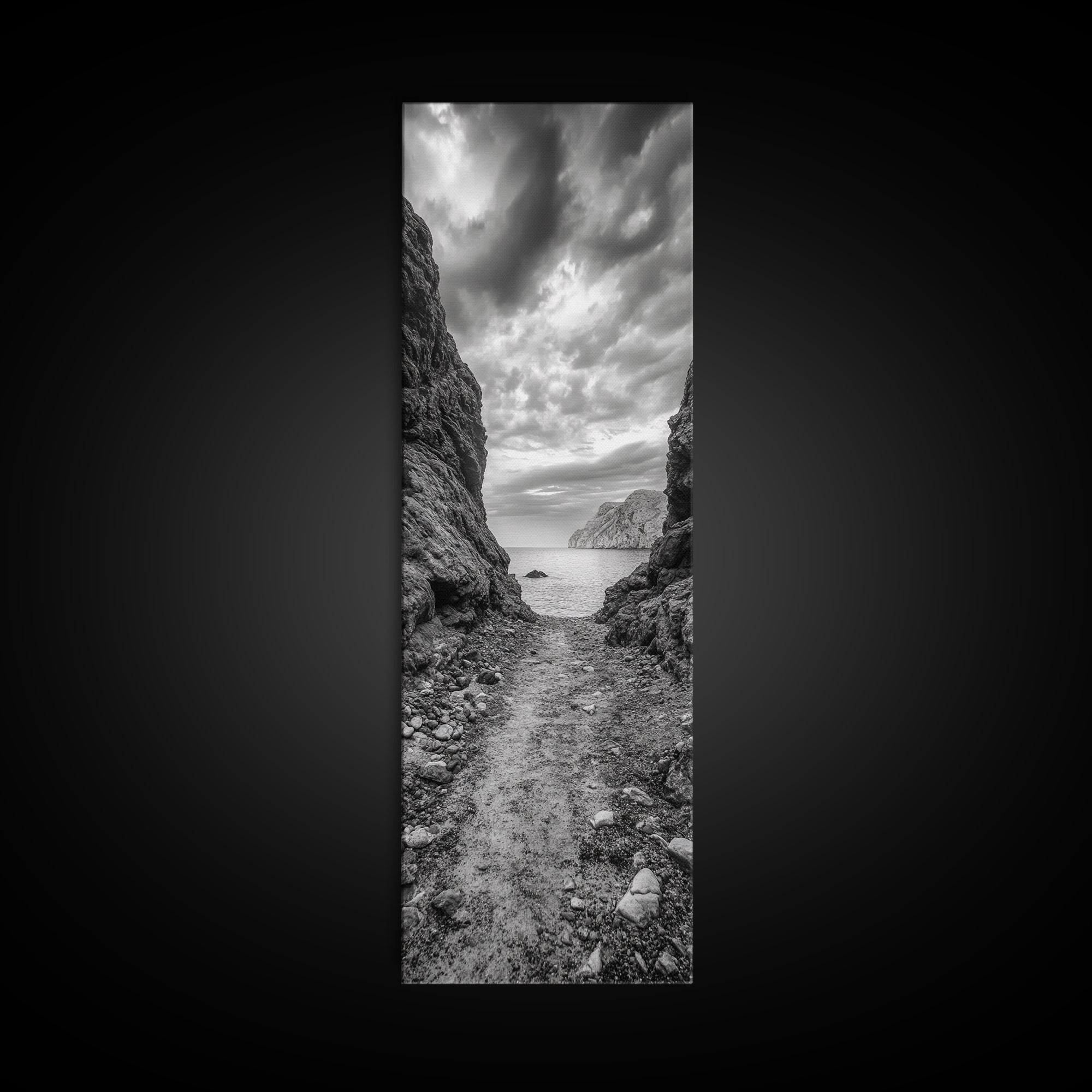 Rocky Pathway, Seaside Trail, Cloudy Horizon, Framed Canvas Print, Moody Coastal Wall Art, Nature Inspired, Monochrome Travel Decor