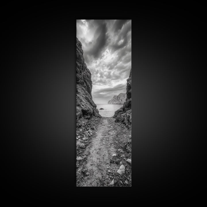 Rocky Pathway, Seaside Trail, Cloudy Horizon, Framed Canvas Print, Moody Coastal Wall Art, Nature Inspired, Monochrome Travel Decor