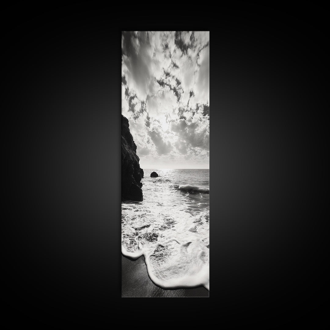 Ocean Sunset Foam, Coastal Waves Print, Seascape Minimalist, Fall Bathroom Decor, Canvas Print, Black White Beach Photography