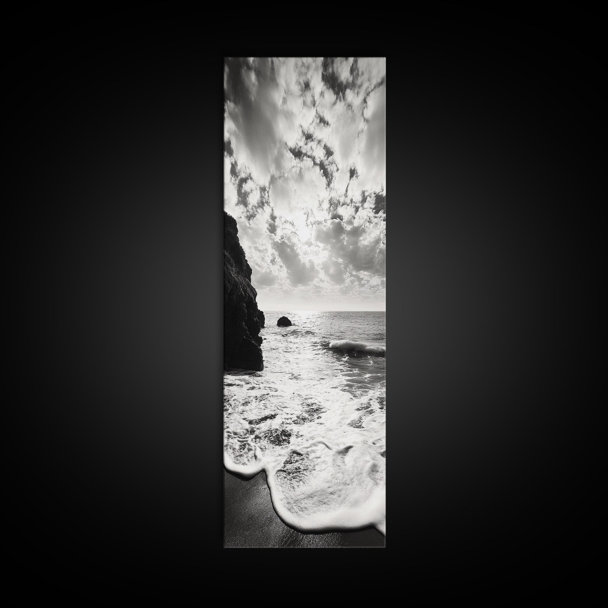 Ocean Sunset Foam, Coastal Waves Print, Seascape Minimalist, Fall Bathroom Decor, Canvas Print, Black White Beach Photography