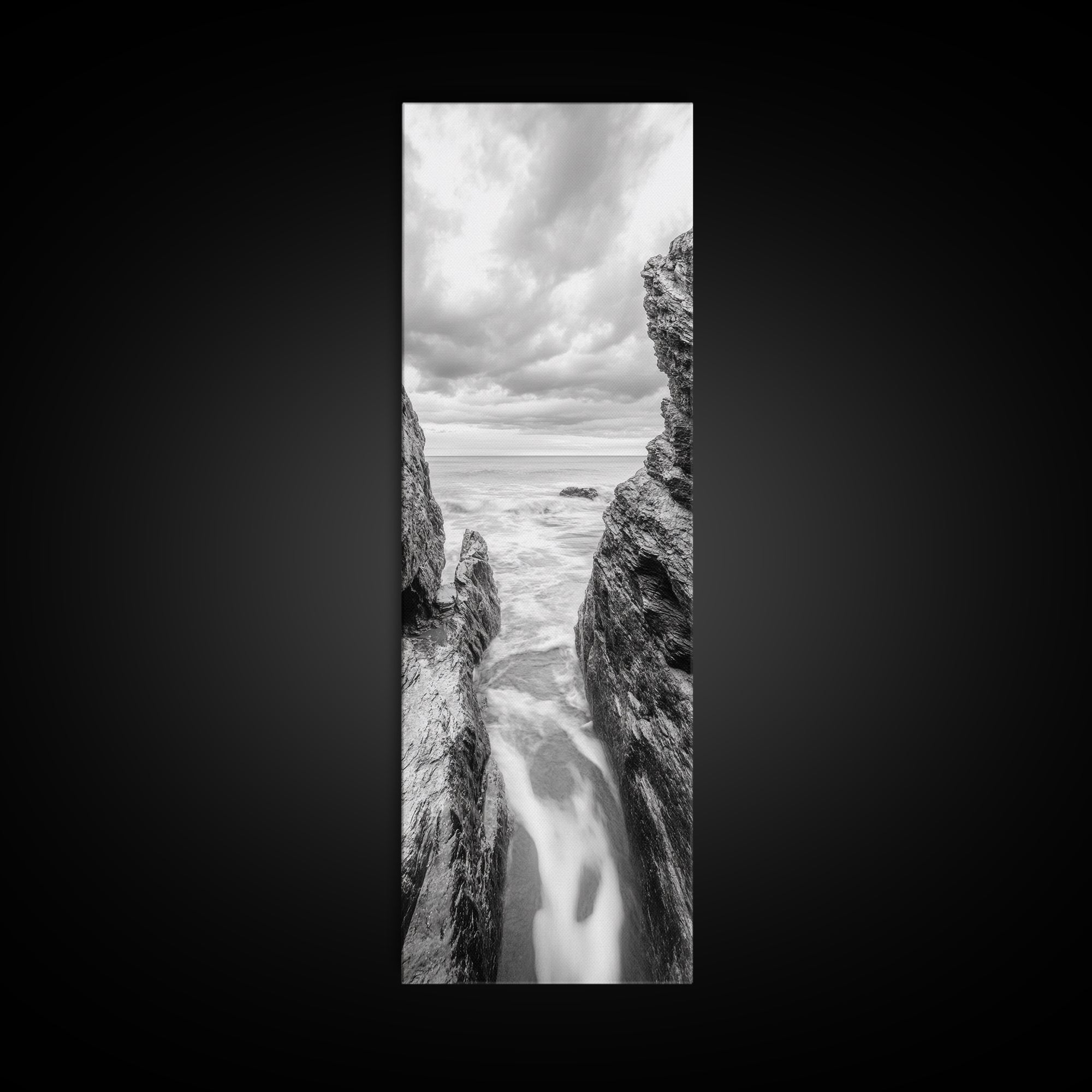 Rocky Sea Gap, Moody Ocean Art, Monochrome Seascape, Minimalist Wall Decor, Canvas Print, Coastal Living Room Wall Art, Living Room Art