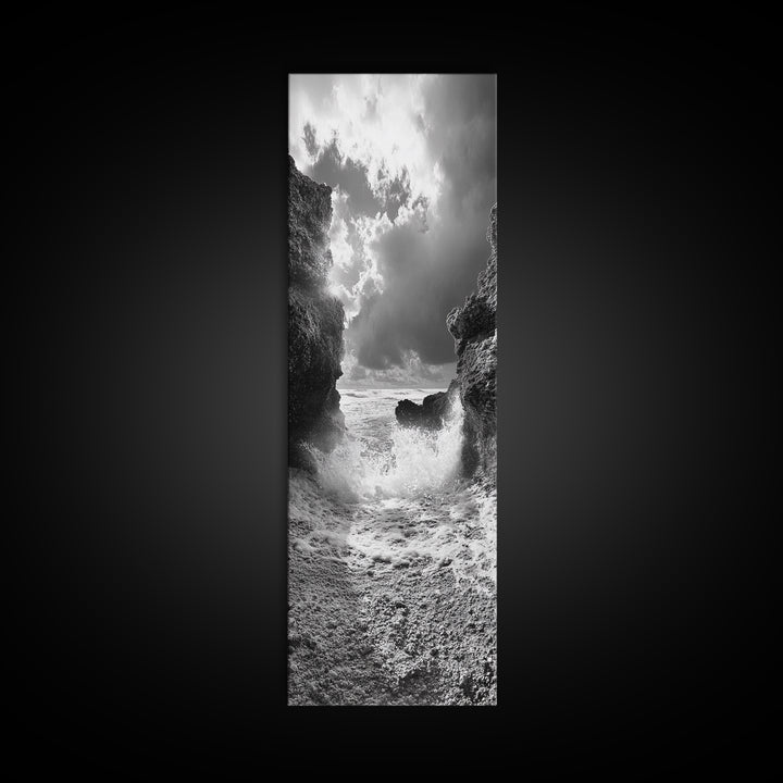 Wave Crash Rocks, Ocean Drama Scene, Moody Beach Photography, Coastal Kitchen Decor, Framed Canvas Print, Nautical Wall Art