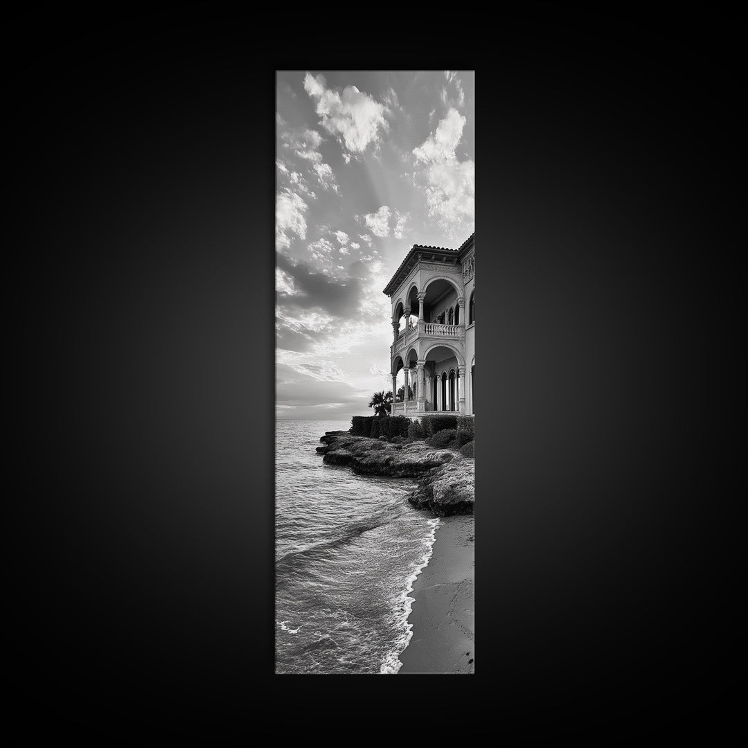 Italian Villa Coast, Seaside Architecture Print, Elegant Travel Decor, Framed Canvas Print, Dining Room Wall Art, Monochrome