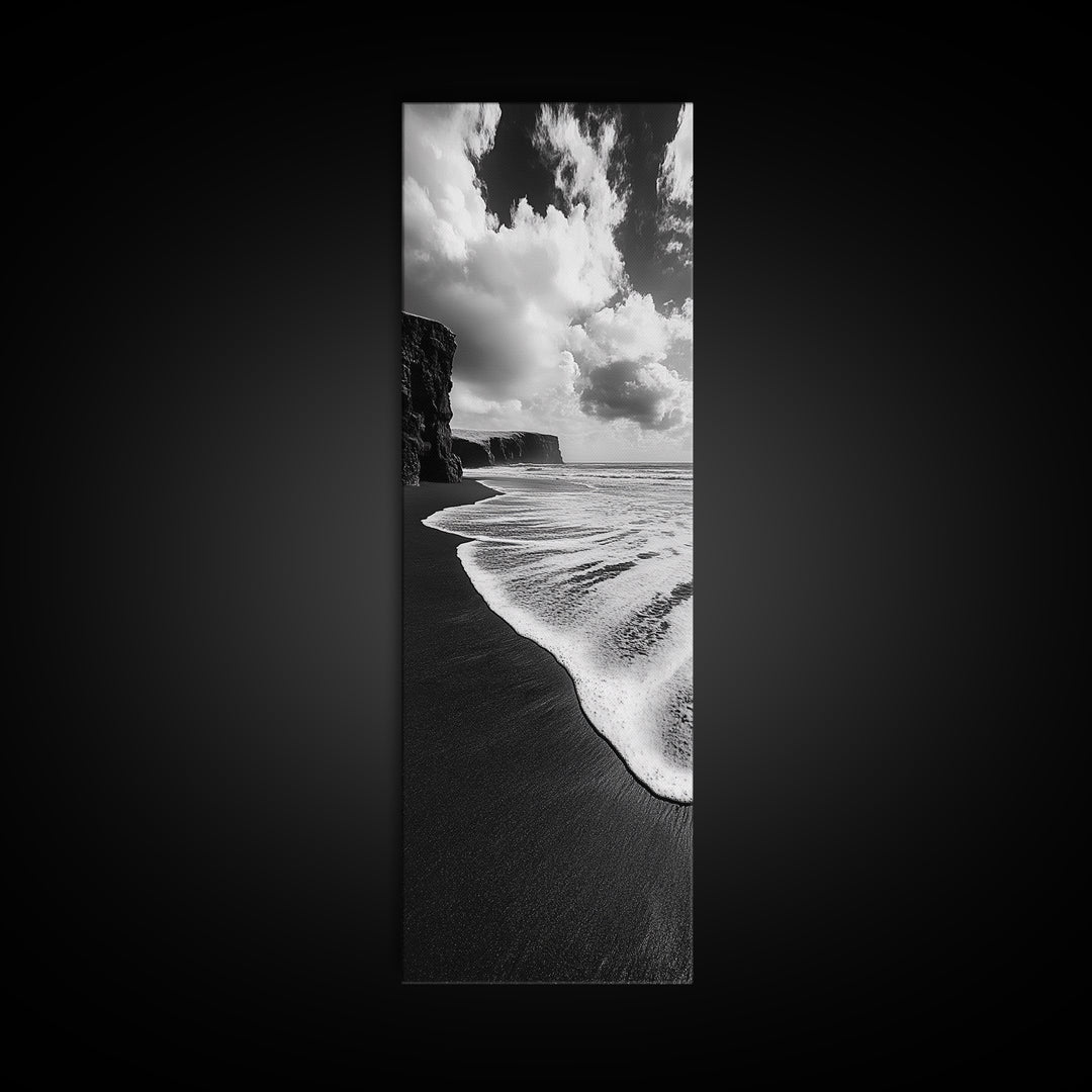 Shoreline Edge, Ocean Waves, Coastal Horizon, Framed Canvas Print, Black and White Beach Art, Bathroom Art, Entryway Wall Decor