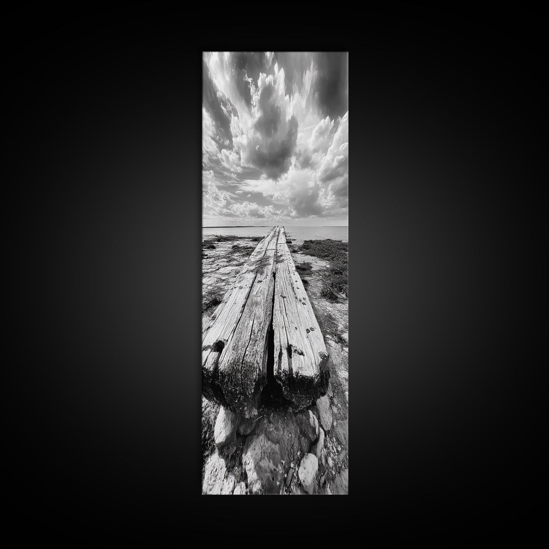 Weathered Pier End, Dramatic Ocean View, Minimalist Coastal Landscape, Canvas Print, Living Room Fall Wall Art, Rustic Decor