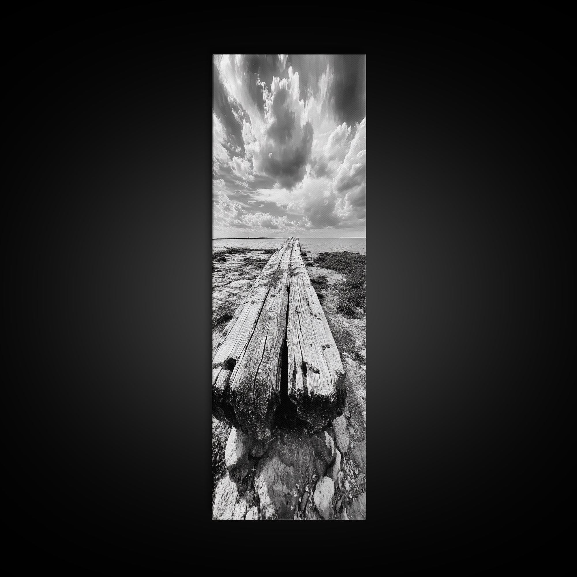 Weathered Pier End, Dramatic Ocean View, Minimalist Coastal Landscape, Canvas Print, Living Room Fall Wall Art, Rustic Decor