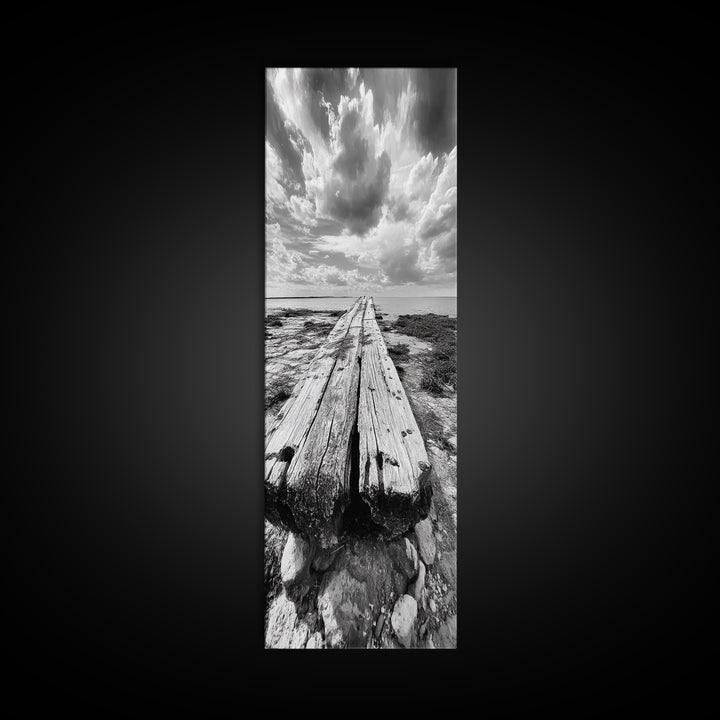 Weathered Pier End, Dramatic Ocean View, Minimalist Coastal Landscape, Canvas Print, Living Room Fall Wall Art, Rustic Decor