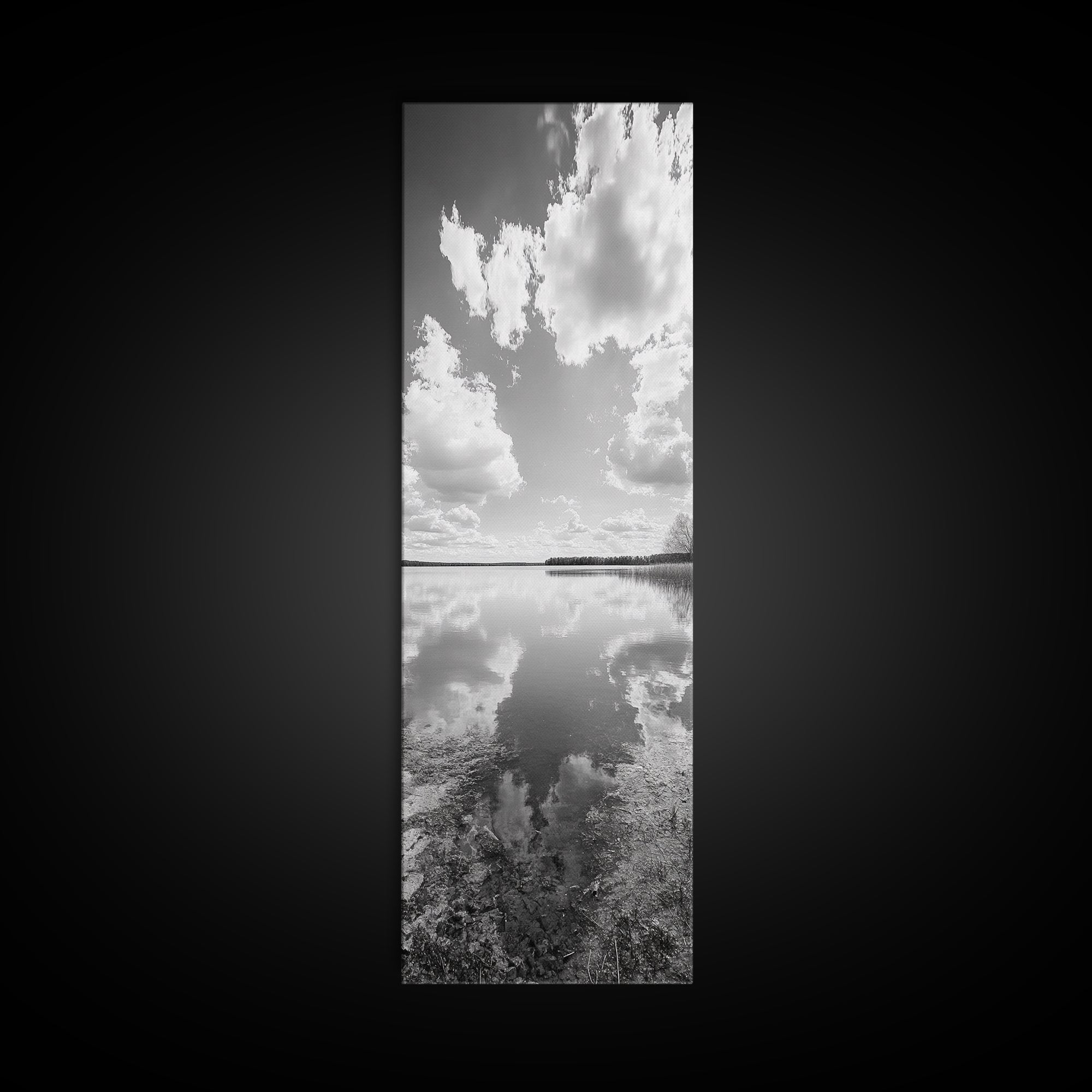 Lake Reflection, Calm Waters, Cloudy Sky, Minimalist Landscape, Framed Canvas Print, Neutral Living Room Art, Tranquil Nature Scene
