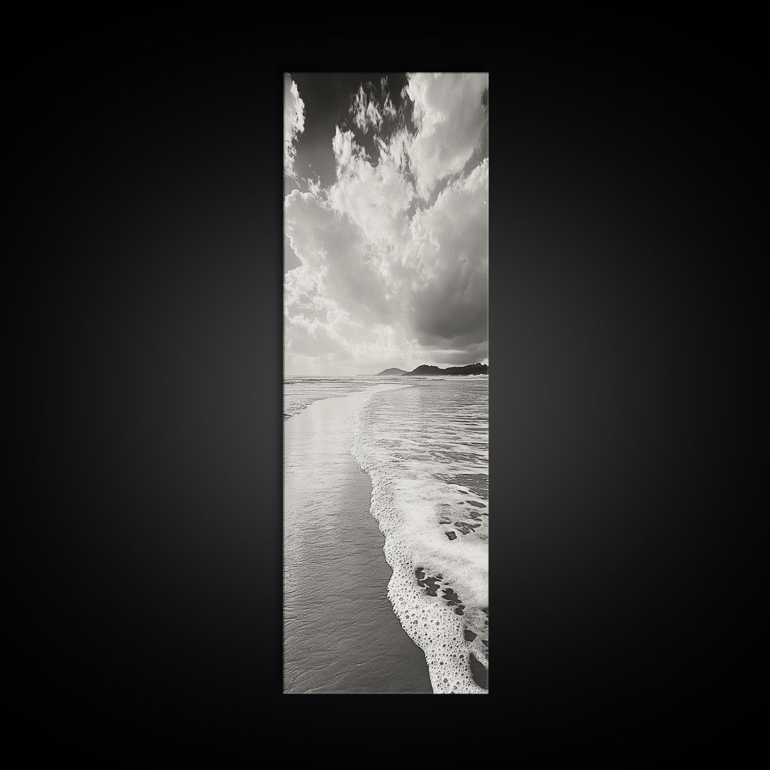 Beach Horizon, Ocean Calm, Foamy Shore, Black White Coastal Art, Canvas Print, Bathroom Decor, Peaceful Coastal Minimalist Style