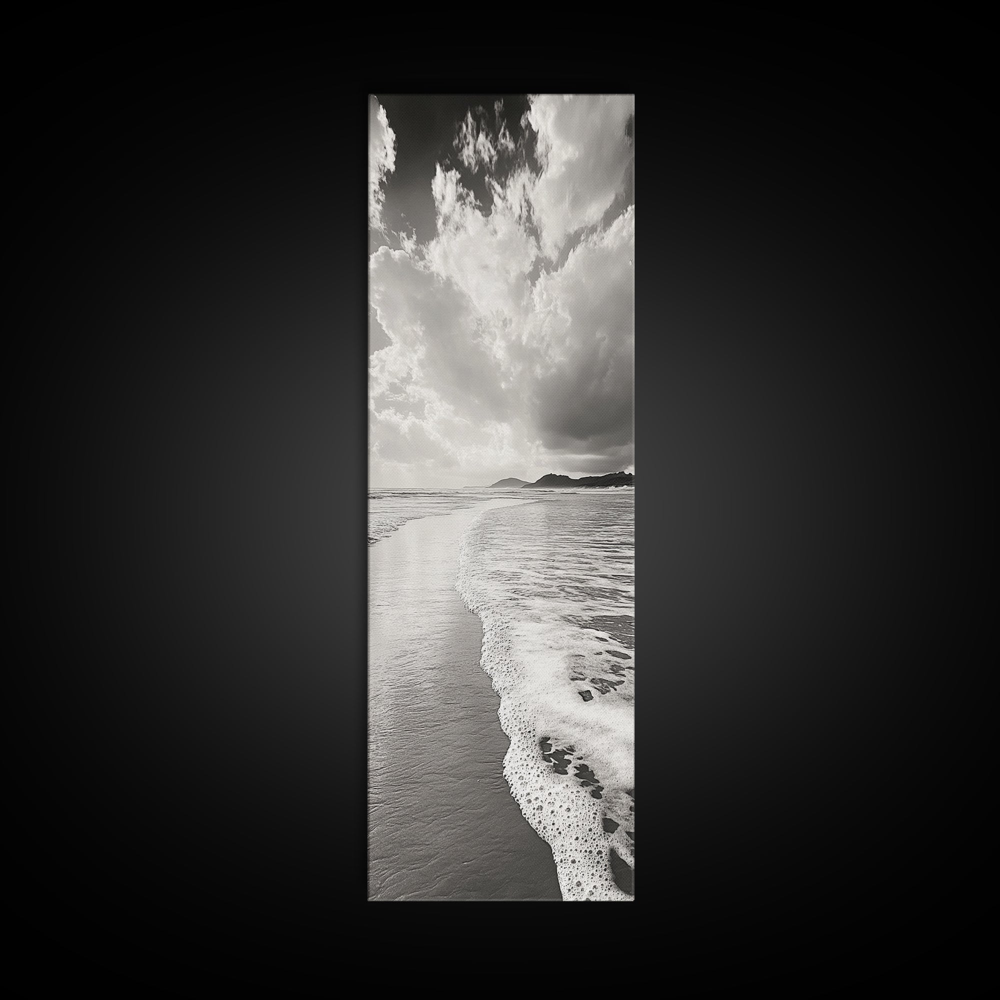 Beach Horizon, Ocean Calm, Foamy Shore, Black White Coastal Art, Canvas Print, Bathroom Decor, Peaceful Coastal Minimalist Style