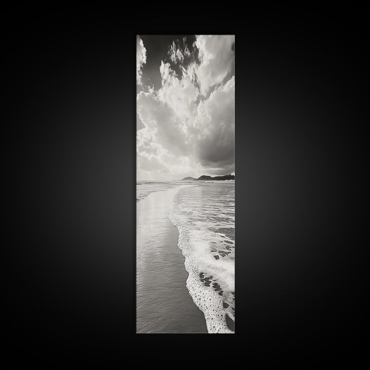 Beach Horizon, Ocean Calm, Foamy Shore, Black White Coastal Art, Canvas Print, Bathroom Decor, Peaceful Coastal Minimalist Style