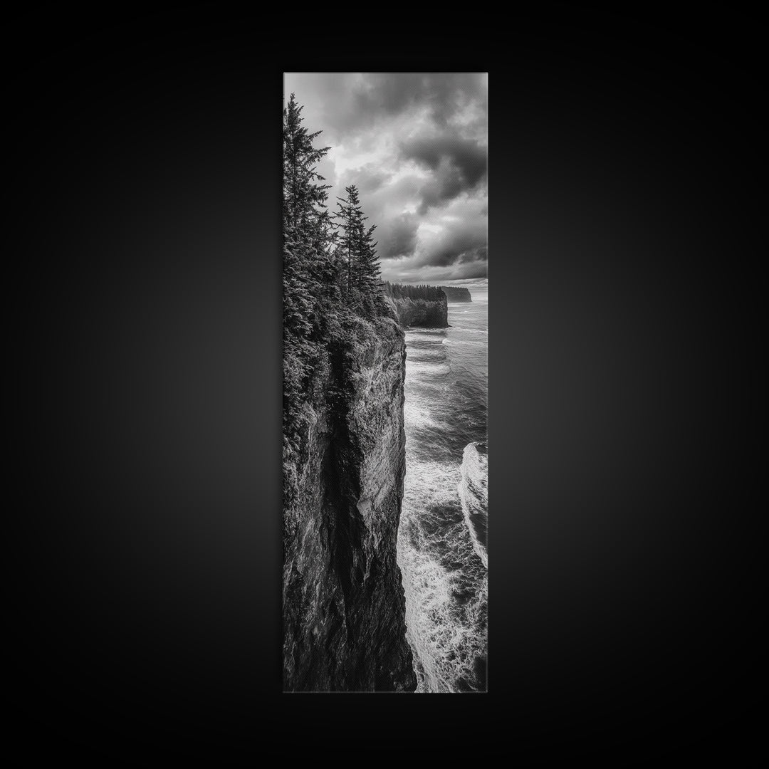 Cliff Coastline, Moody Ocean, Pine Trees, Dramatic Nature Scene, Canvas Print, Cabin Wall Art, Fall Coastal Photography, Rustic Decor