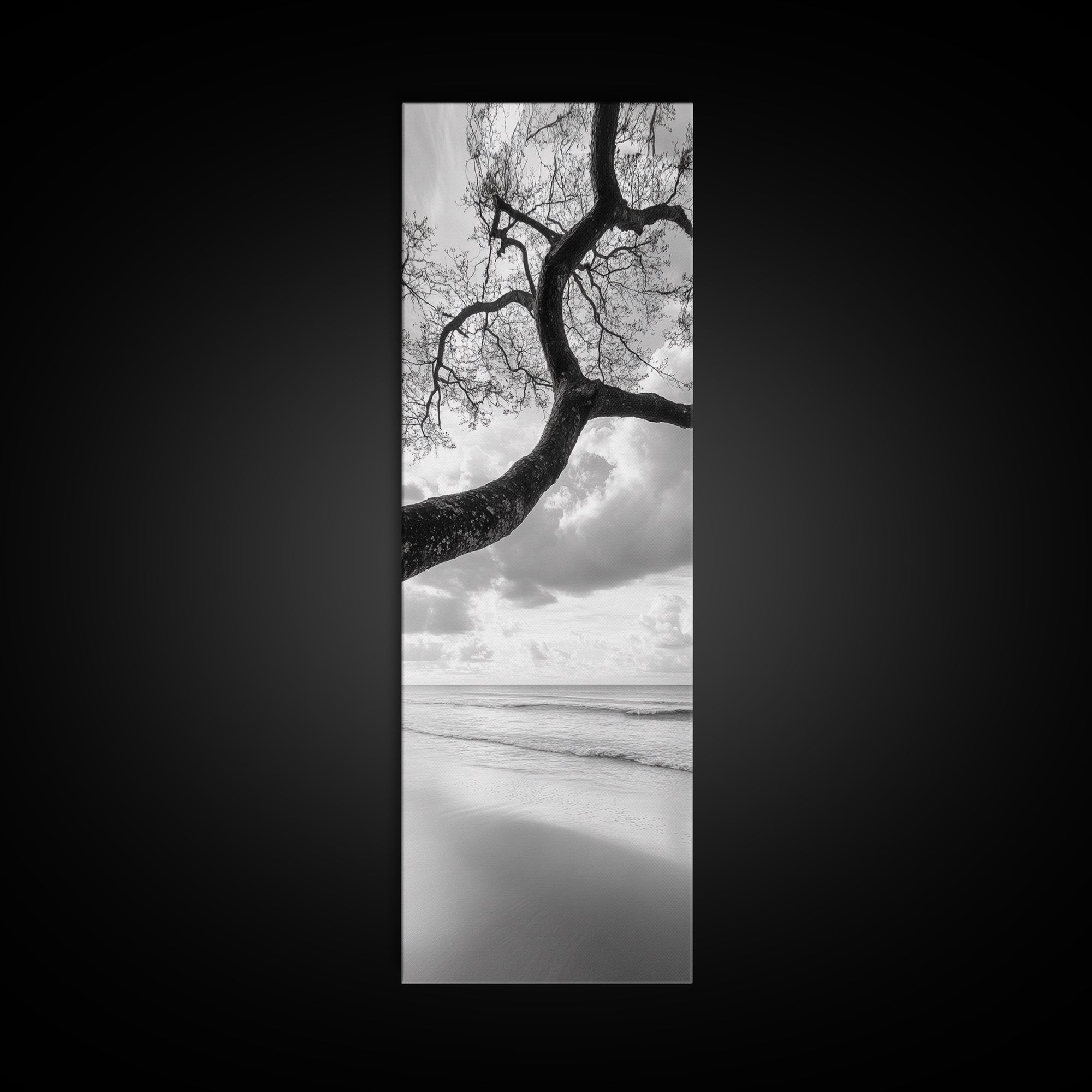 Ocean Tree View, Beach Horizon, Minimal Branches, Framed Canvas Print, Coastal Living Room Art, Neutral Decor, Zen Nature Photography