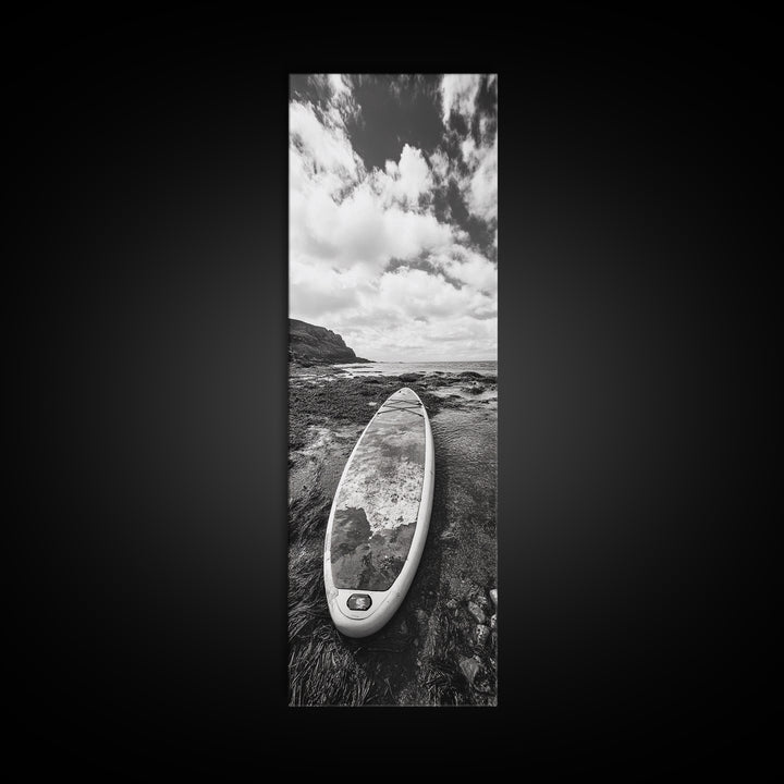Surfboard Still, Rocky Shore, Beach Vibes, Framed Canvas Print, Coastal Bathroom Wall Art, Minimalist Beach Decor, Summer Style