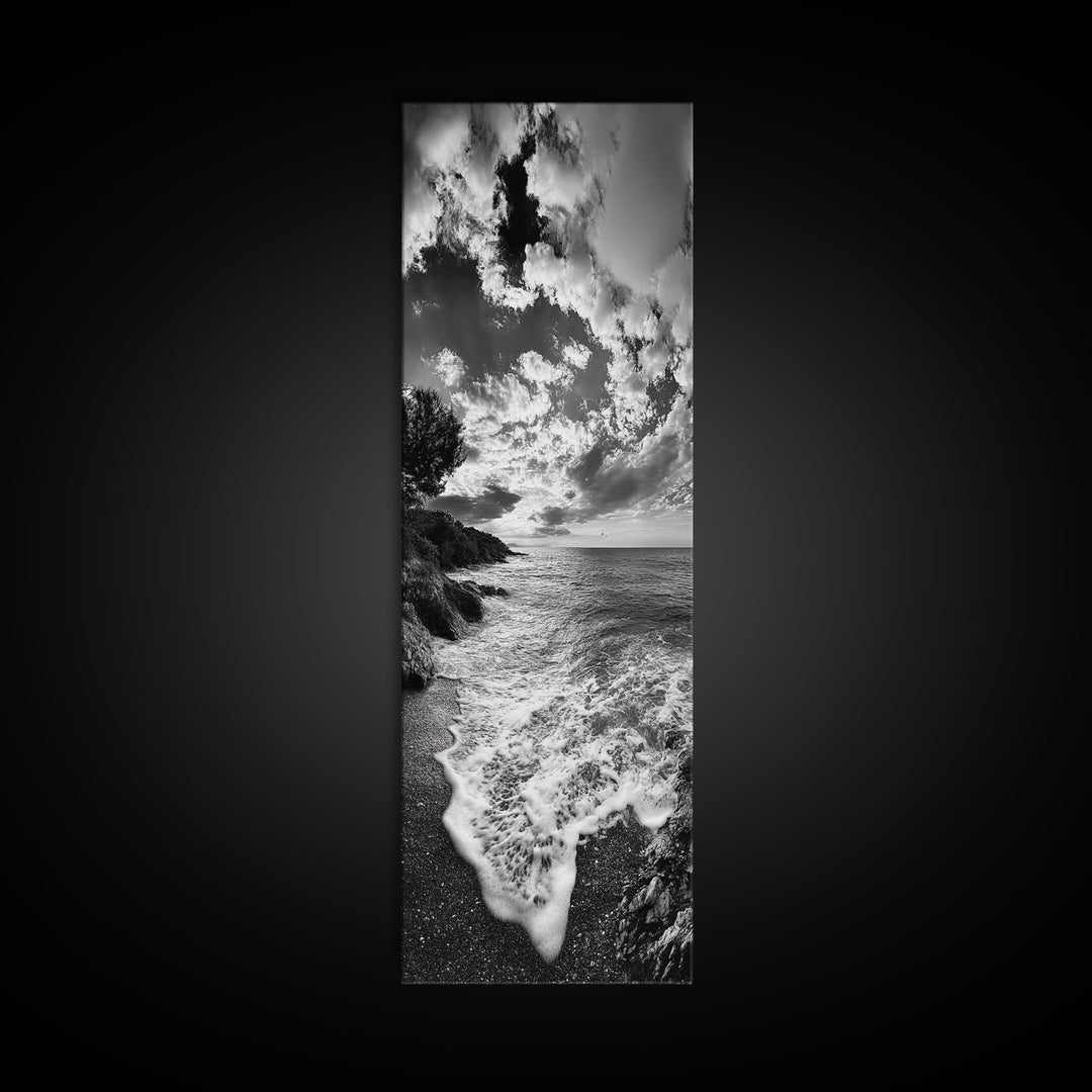 Rocky Coastline, Ocean Foam, Sunset Glow, Framed Canvas Print, Nautical Wall Art, Beach House Decor, Moody Seascape Photography