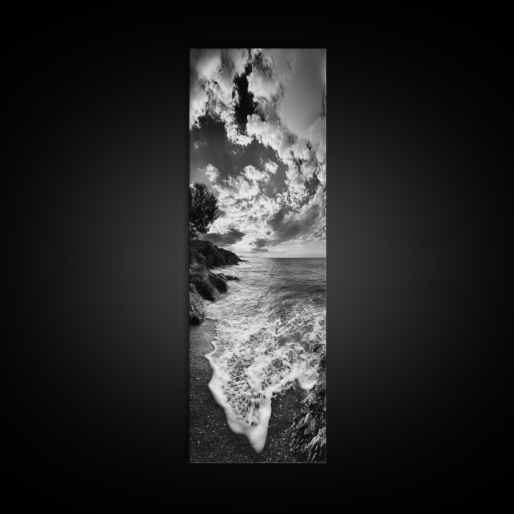 Rocky Coastline, Ocean Foam, Sunset Glow, Framed Canvas Print, Nautical Wall Art, Beach House Decor, Moody Seascape Photography