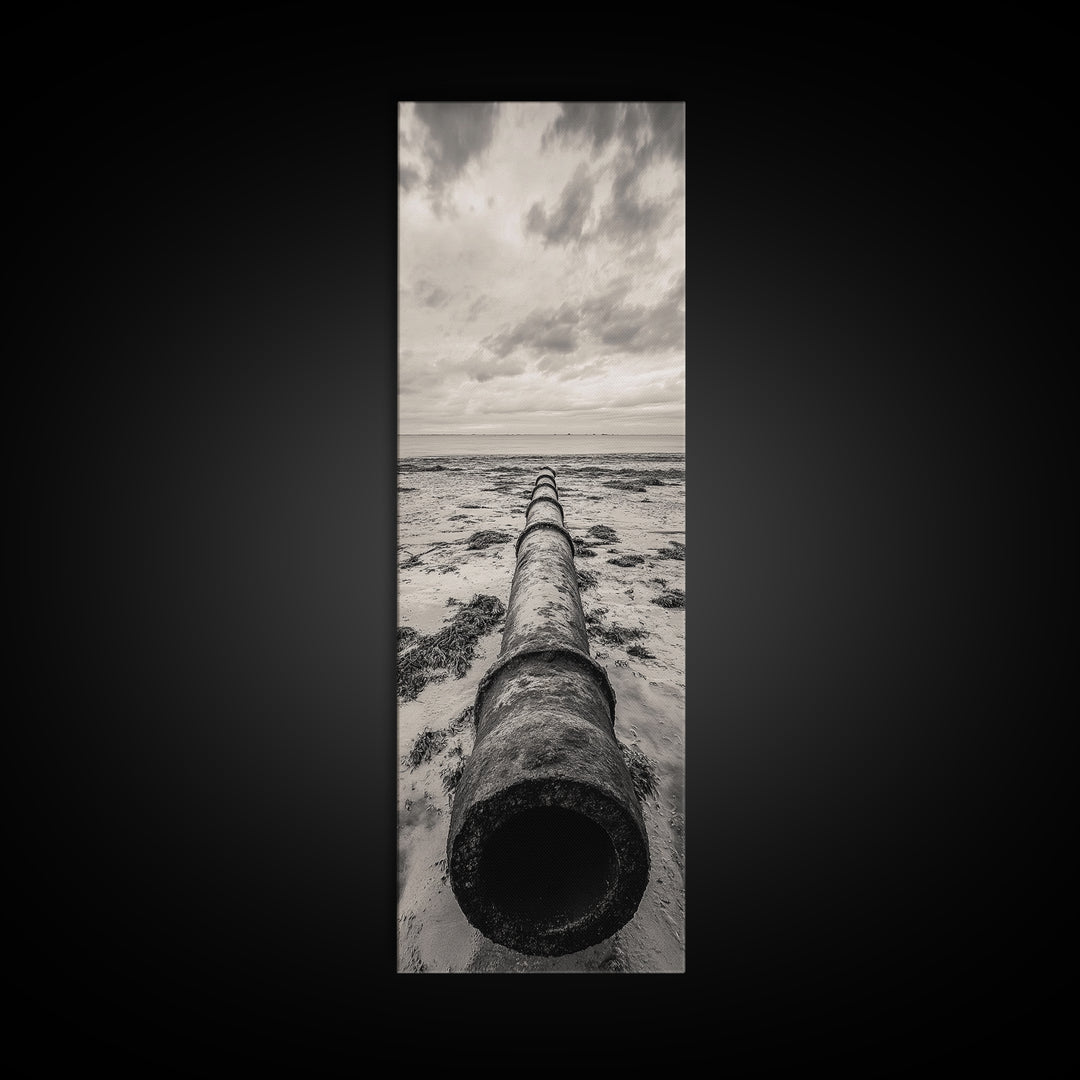 Rusted Pipe Beach, Industrial Coastal Vibe, Grunge Seascape, Framed Canvas Print, Urban Loft Art, Bathroom Wall Art, Office Wall Art