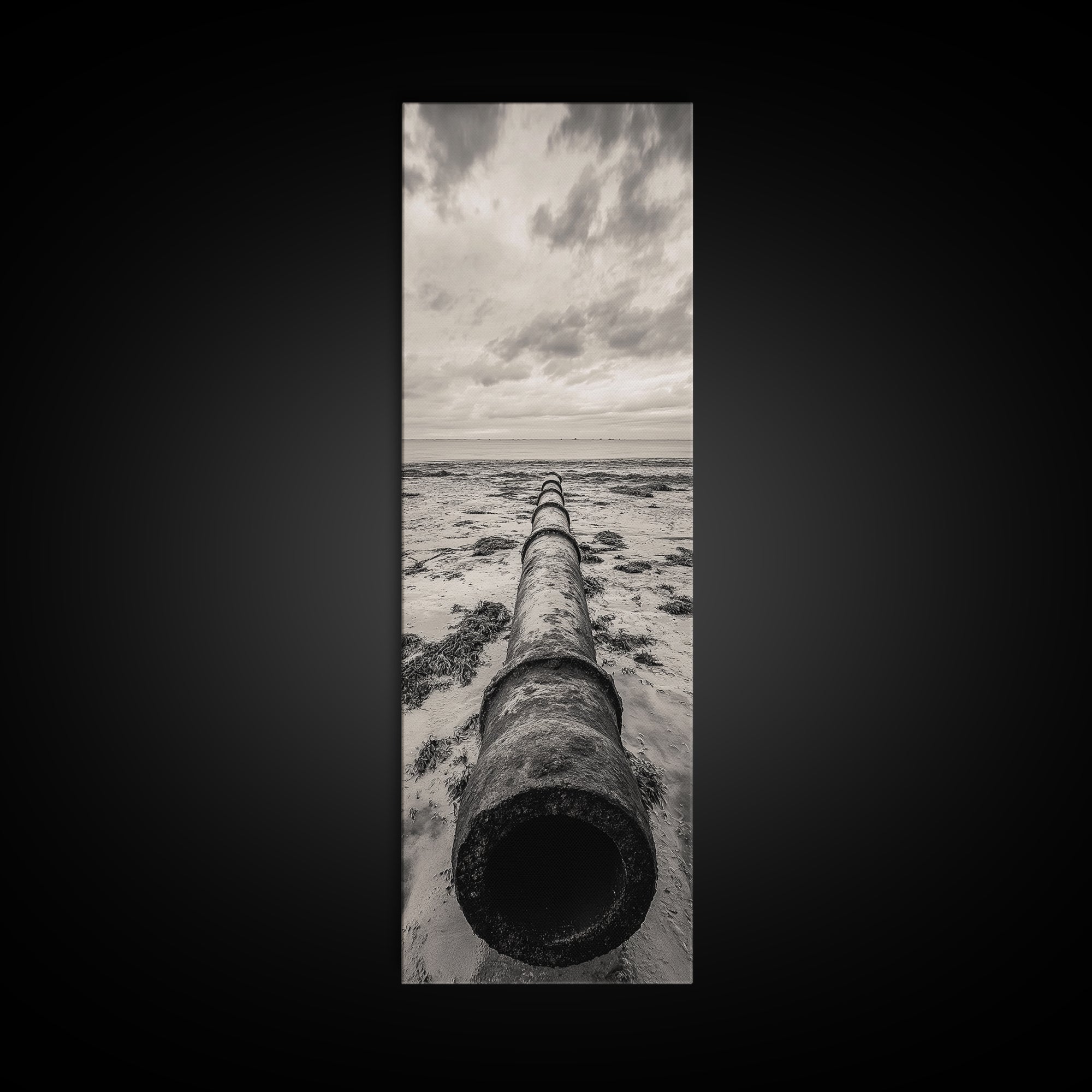 Rusted Pipe Beach, Industrial Coastal Vibe, Grunge Seascape, Framed Canvas Print, Urban Loft Art, Bathroom Wall Art, Office Wall Art