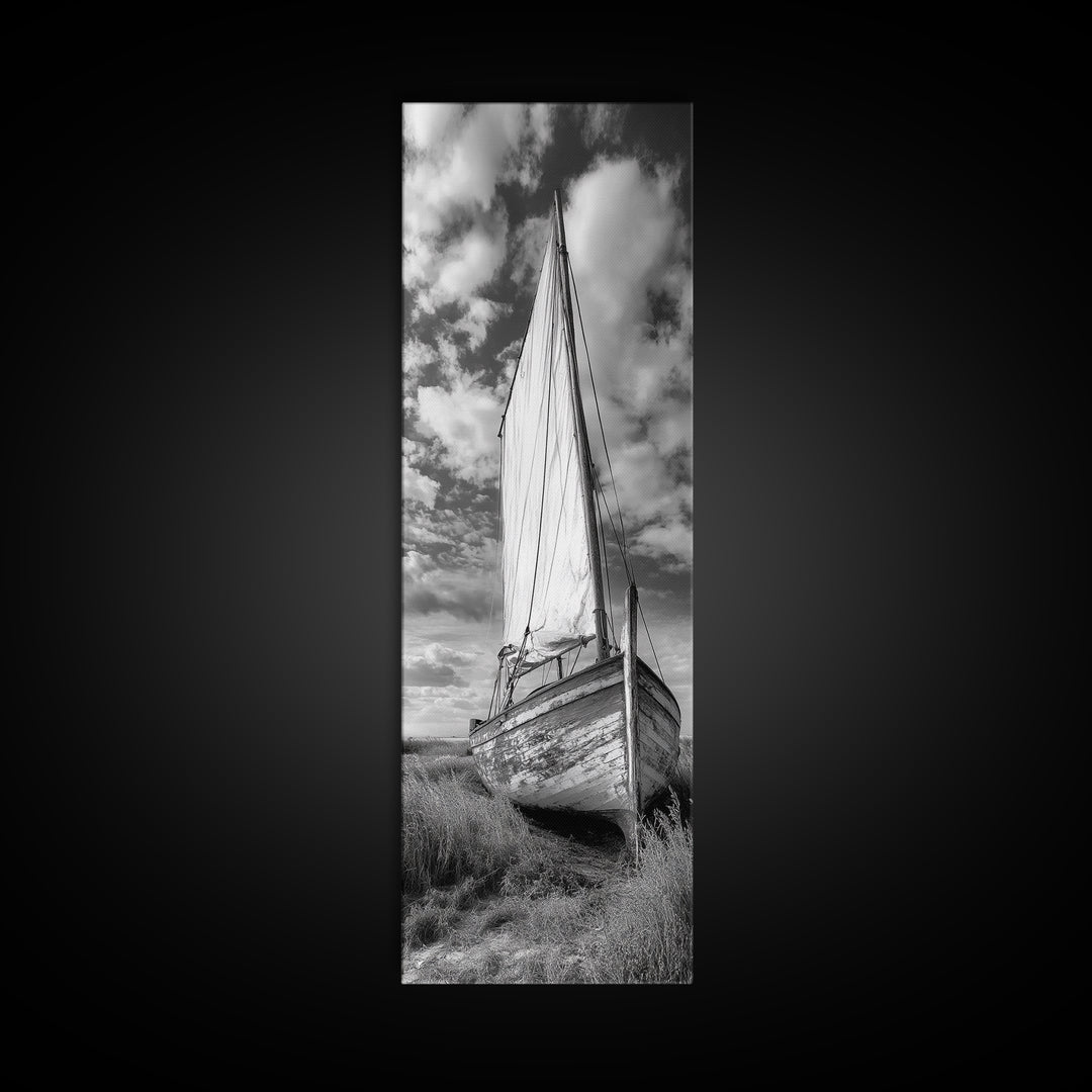 Weathered Sailboat Scene, Coastal Rustic Charm, Seafaring Wall Decor, Framed Canvas Print, Nautical Bathroom or Hallway Art, Ocean Decor