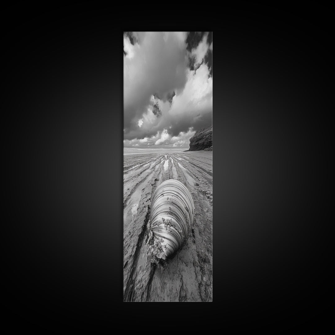 Ocean Clam, Moody Beach, Tidal Lines, Coastal Detail, Canvas Print, Nautical Bathroom Wall Art, Black and White Ocean Decor,  Den Wall Piece